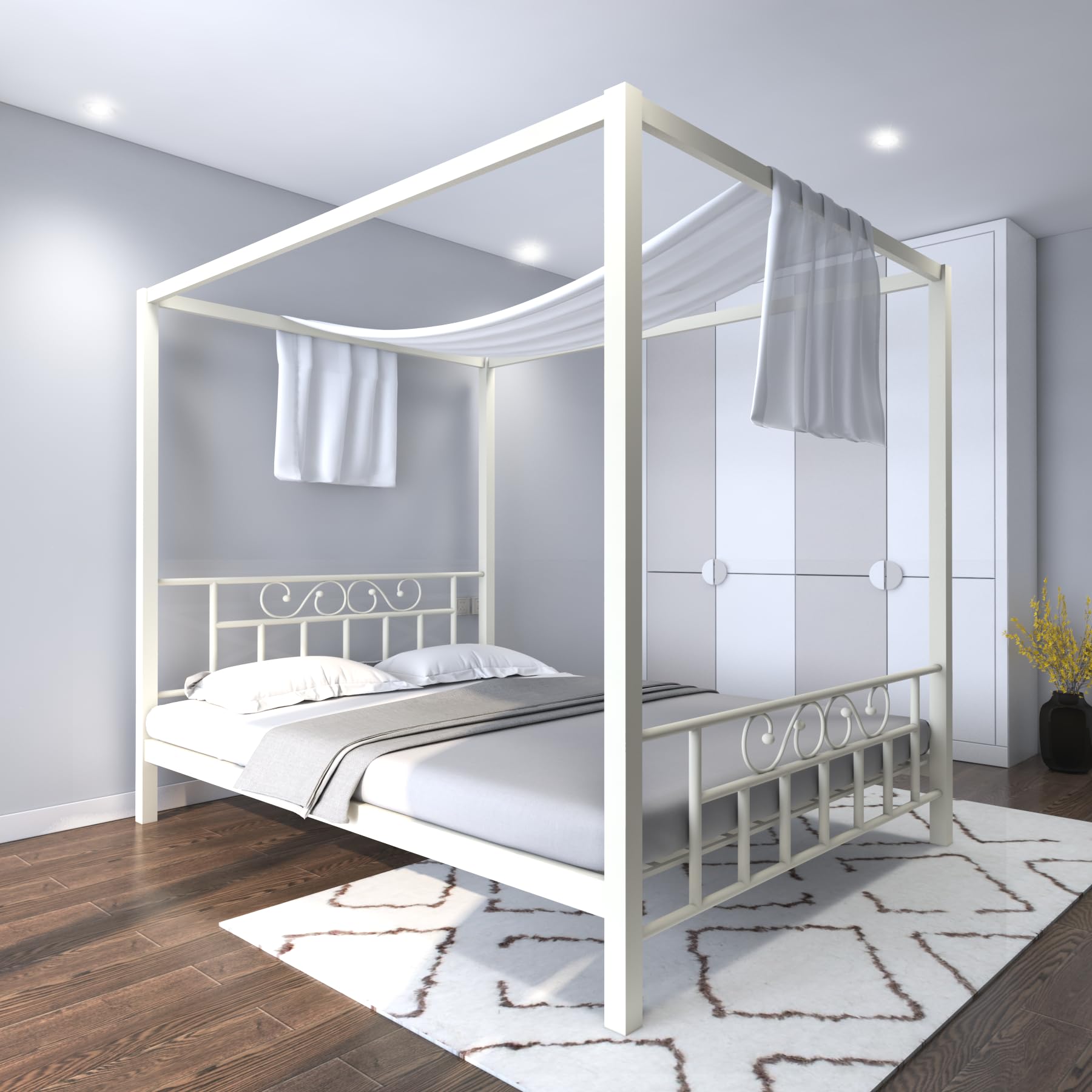 Homdec Capricorn Metal Canopy Platform Bed, Mattress Foundation with Steel Slat Support, No Box Spring Needed, Easy Assembly. (Ivory, Queen, 60 x 78)