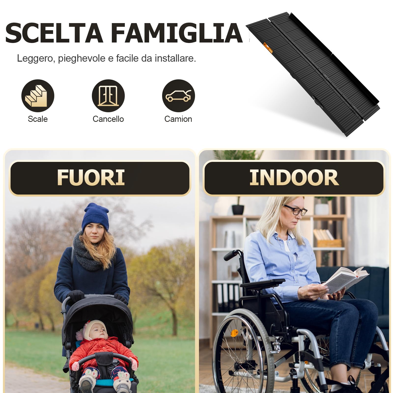 gardhom Rampa de Silla de Ruedas Plegable para escaleras 213,5 * 72 cm, Capacidad de Carga 362 kg rampa de Silla de Ruedas Antideslizante