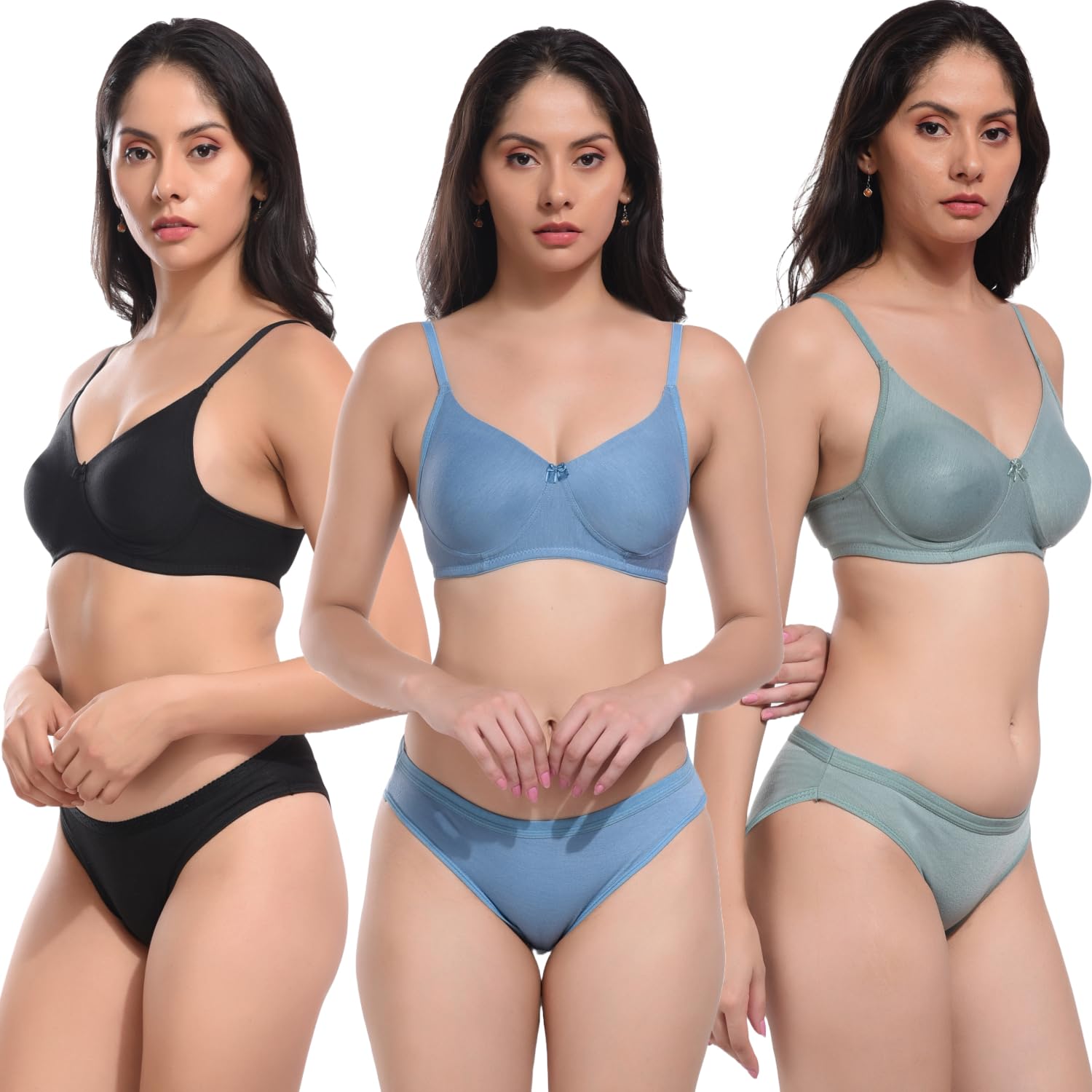 REALSIDE Women Cotton Bra Panty Set for Lingerie Set|Bra Panty Set | Panty Bra Set for Women Women Lingerie Set A Beautiful Combo Pack of 3-Black,Green,Pink