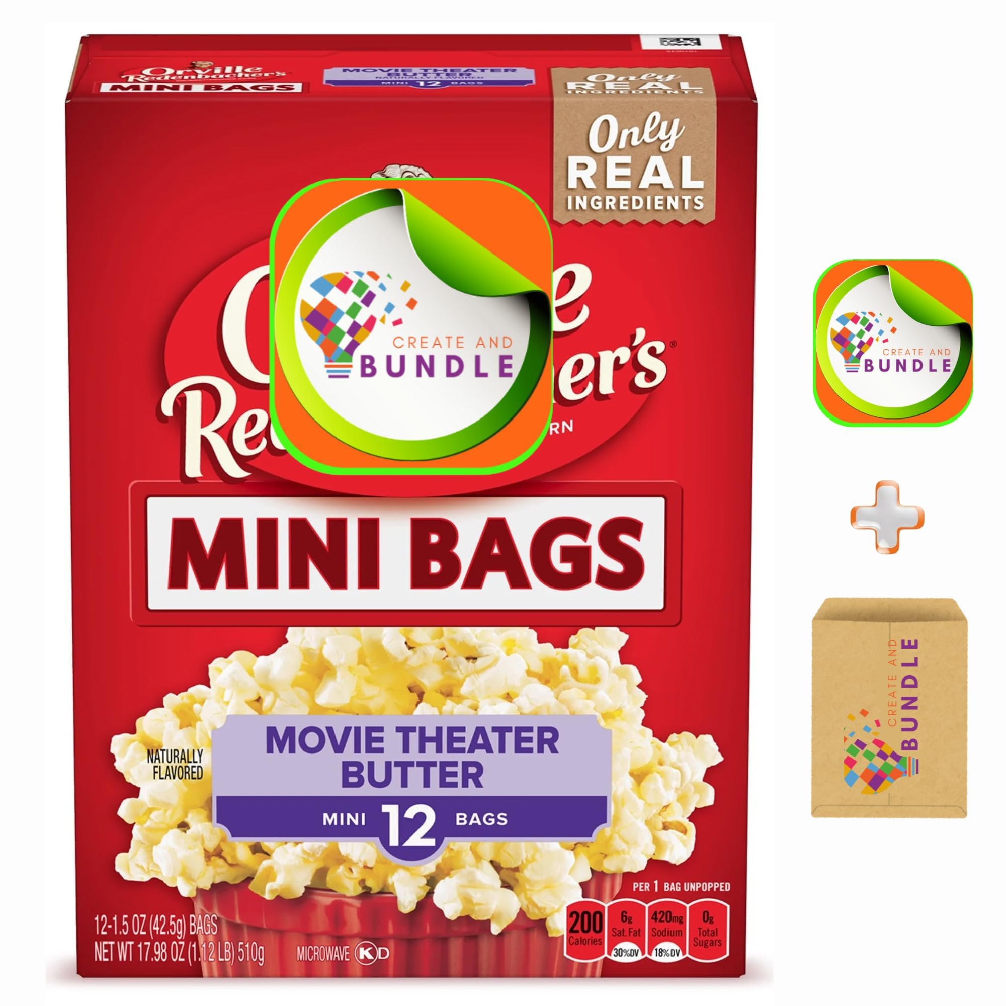 Orville Redenbacher's Movie Theater Butter Mikrowelle Popcorn Mini-Tüten 42,5 g 12 Stück – glutenfrei, keine künstlichen Aromen + CreativeAndBundle Aufkleber