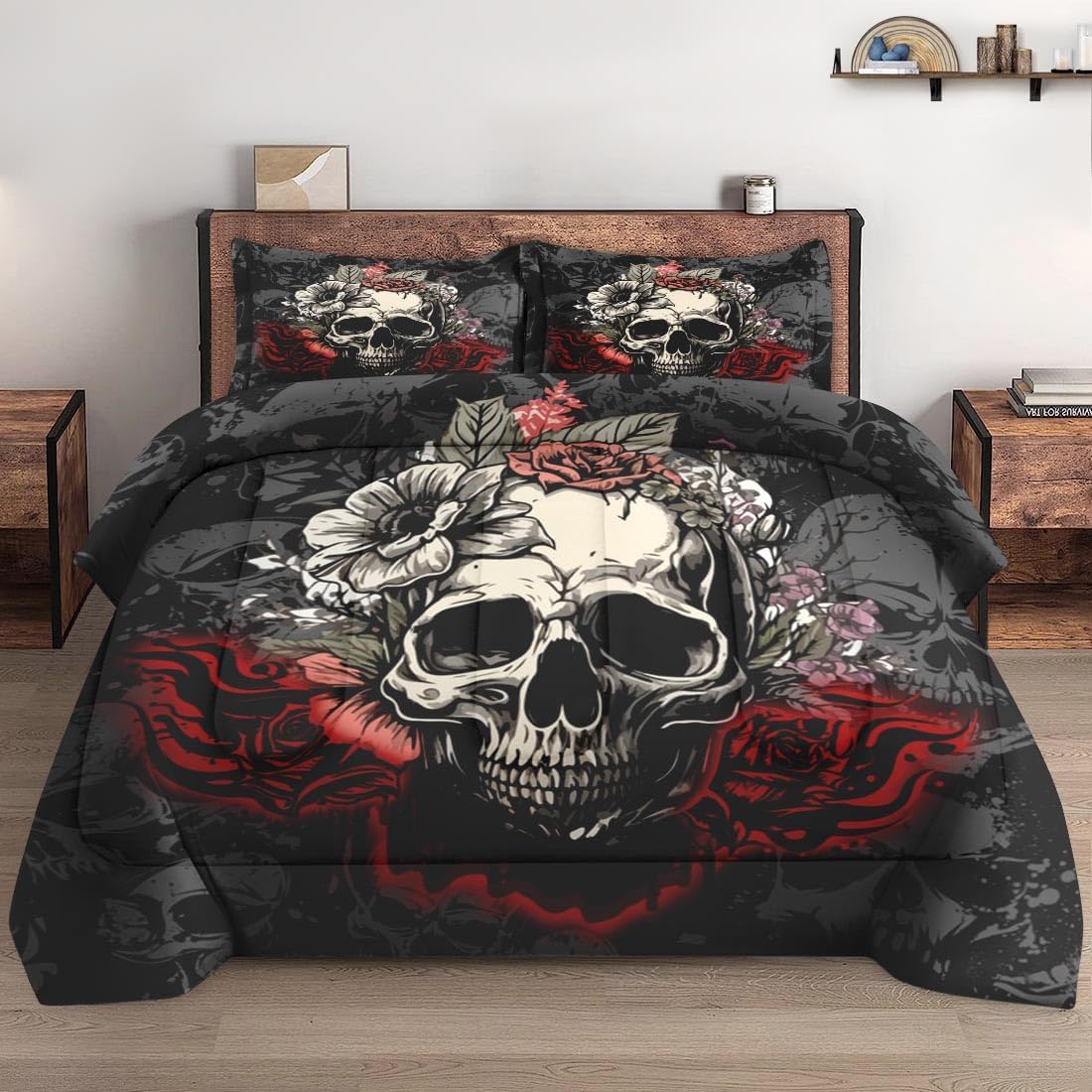 Skull Comforter Set King Size, Rose Vintage 3 Pcs Soft Bedding for Adults, Rock Roll Bone Death Comforter Set with 2 Pillowcases, for Bedroom Bed Decor