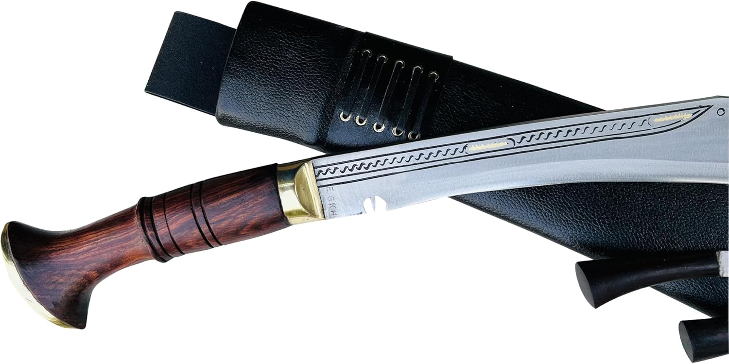 22" Sirupate Kukri - Authentic Hand Forged Blade Large Khukuri - Camping Survival Knife - High Carbon Steel Blade from Nepal - Tempered - Sharp - Rosewood Handle - Water Buffalo Leather Sheath