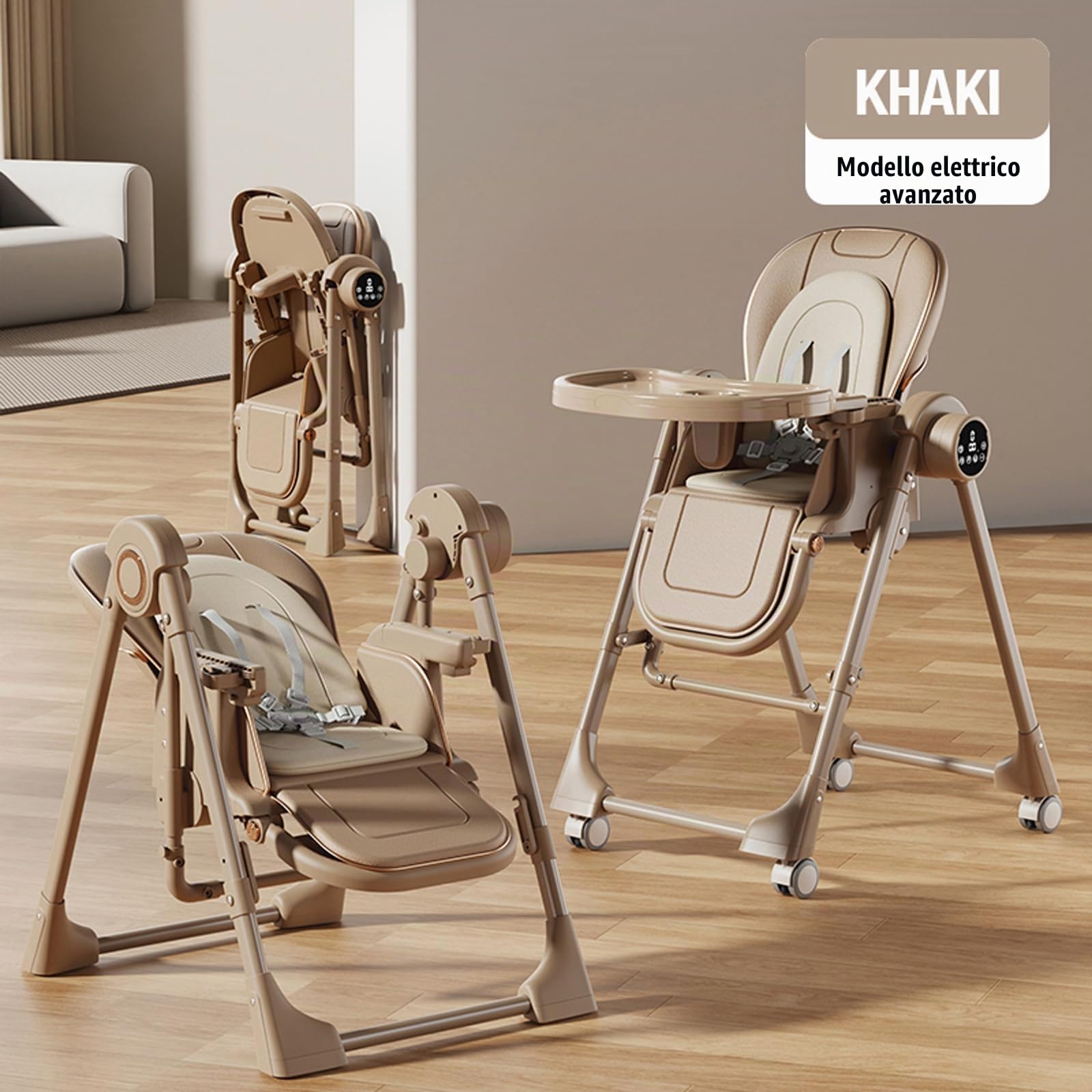 MoLi Elettrico Bluetooth Intelligente Pelle PU Seggiolone, Seggiolino Pappa Sedia con Funzione di Dondolo, Seggiolone Pappa Vassoio a Doppio Strato (E8121 Khaki)