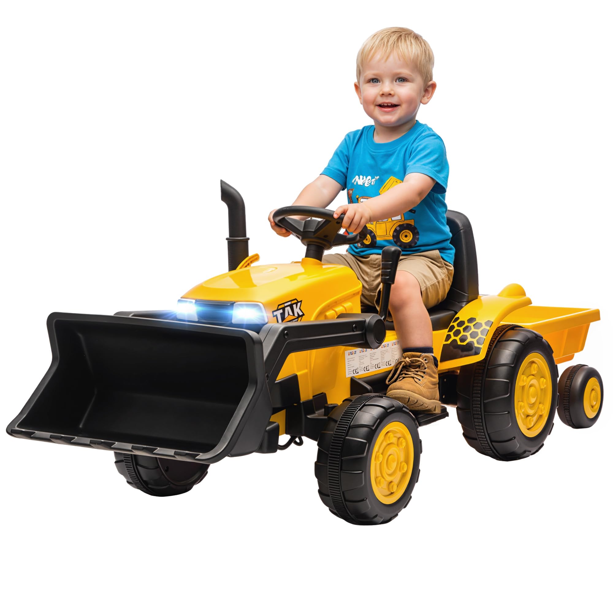 AIYAPLAY Escavatore per Bambini Elettrico 12V con Benna e Rimorchio Staccabile, Trattore Elettrica Cavalcabile con 2 Motori, Telecomando, Connessione Wireless, USB, Luci e Musica, 3-8 Anni, Giallo