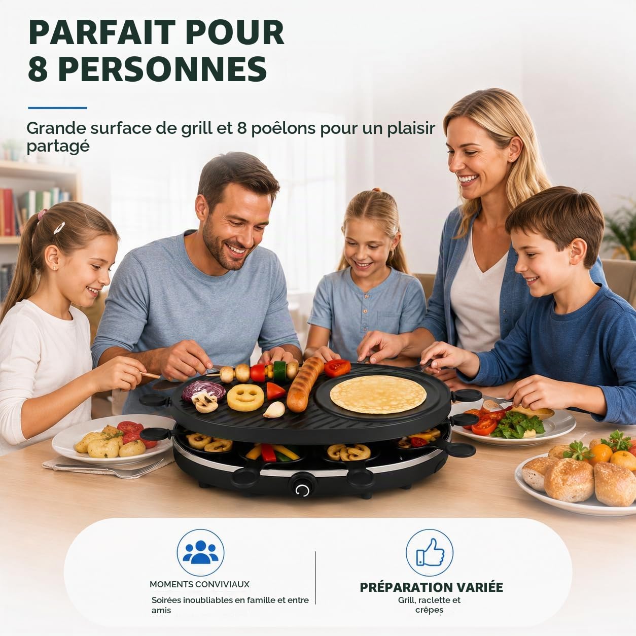 Set de raclette pour 8 personnes - Gril ovale - Avec fonction crêpes - Barbecue de table avec poêlons et grattoirs - ROND (TK49304)