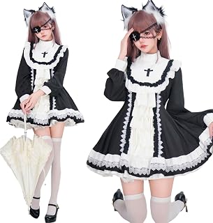 [CR ROLECOS] 修道女 コスプレ 地雷系 ロリータ ワンピース レディース シスター コスプレ 原宿系 十字架 可愛い 修道女服 レース 長袖 メイド 写真用 ハロウィン 大人 コスチューム ブラック ブルー 春秋