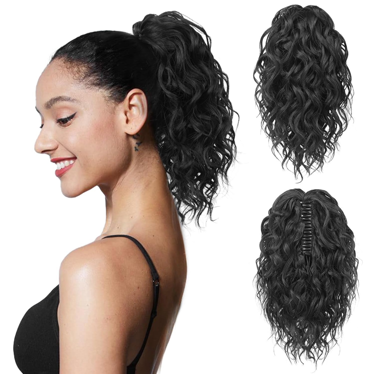 Flufymooz Ponytail Extension, 12" Short Claw Ponytail Extension Wavy Curly Jaw Clip in Pony tails Hairpiece Natural Synthetic Hairpiece for Women (Natural Black)