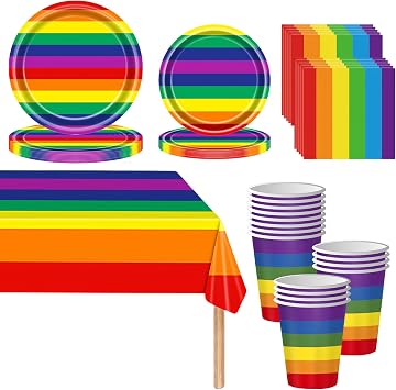 69PCS Rainbow Party Tableware Set - Rainbow Dinnerware Kit for Kids Birthday Parties - Includes Plates, Napkins, Cups and Tablecloth - Coloured LGBTQ Pride Party Supplies