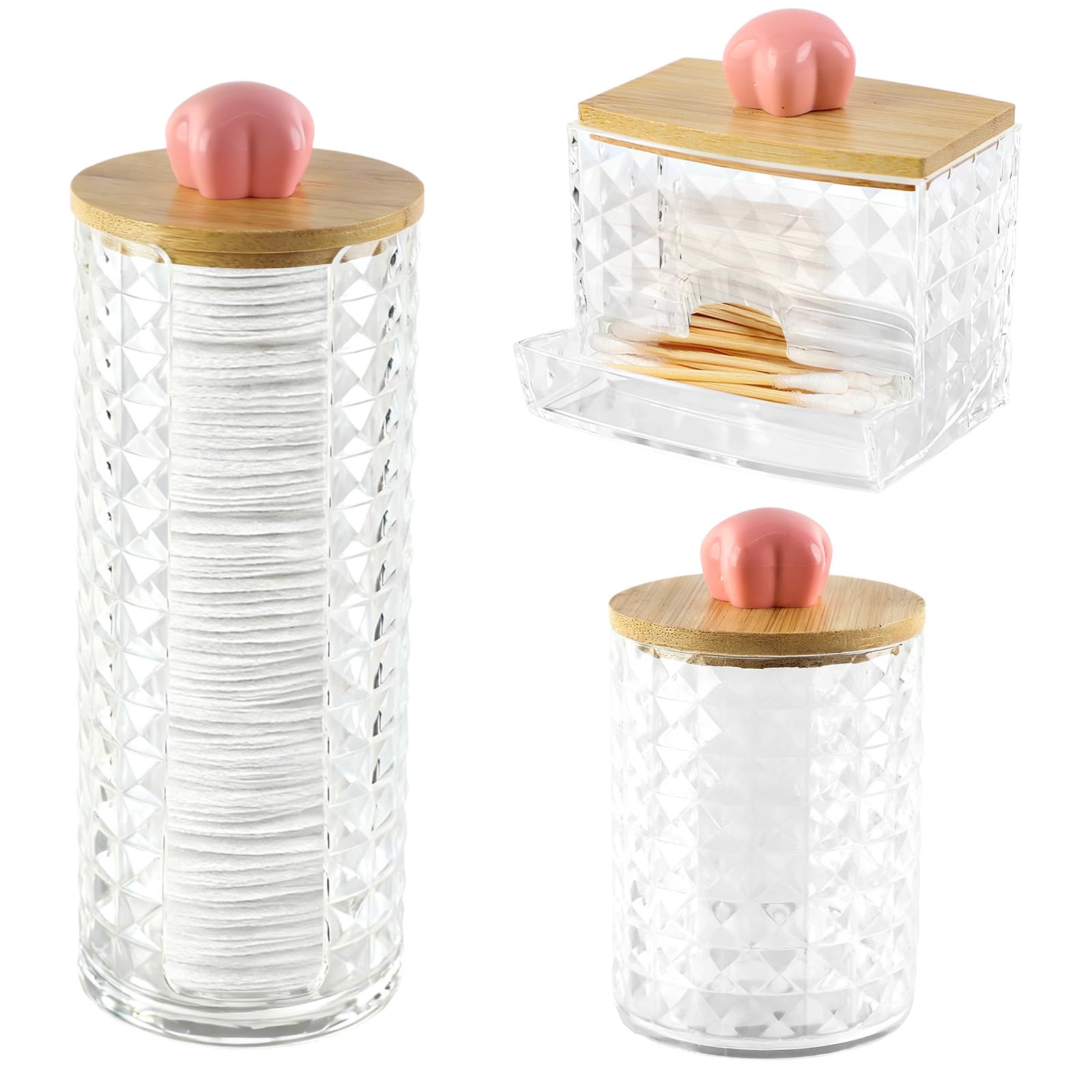 3 piezas Dispensador Discos Algodon, Dispensadores Discos Desmaquillantes, Caja de Almacenamiento de Hisopos de Algodón con Tapas de Bambú Contenedor, para Organizador de Almacenamiento de baño
