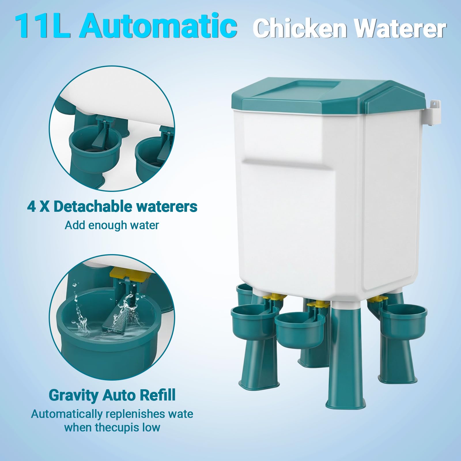 Comedero de pollo de 12 kg y dispensador de agua de pollo de 11 L, comederos y bebedores de pollo con 15 anillos de patas de pollo y ganchos en S, alimentador automático de aves de corral con patas