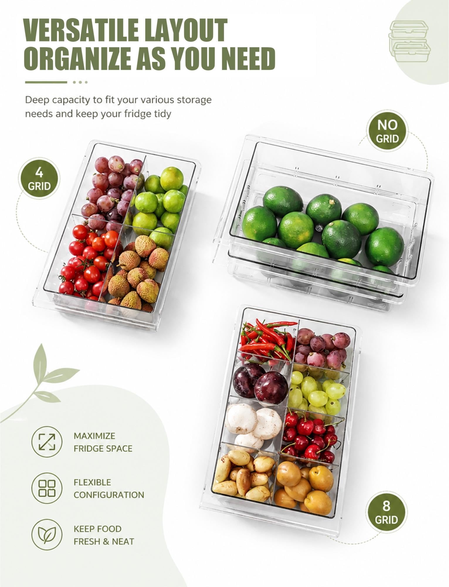 Cajón Organizador Extraíble para Nevera, Huevos, Frutas y Verduras