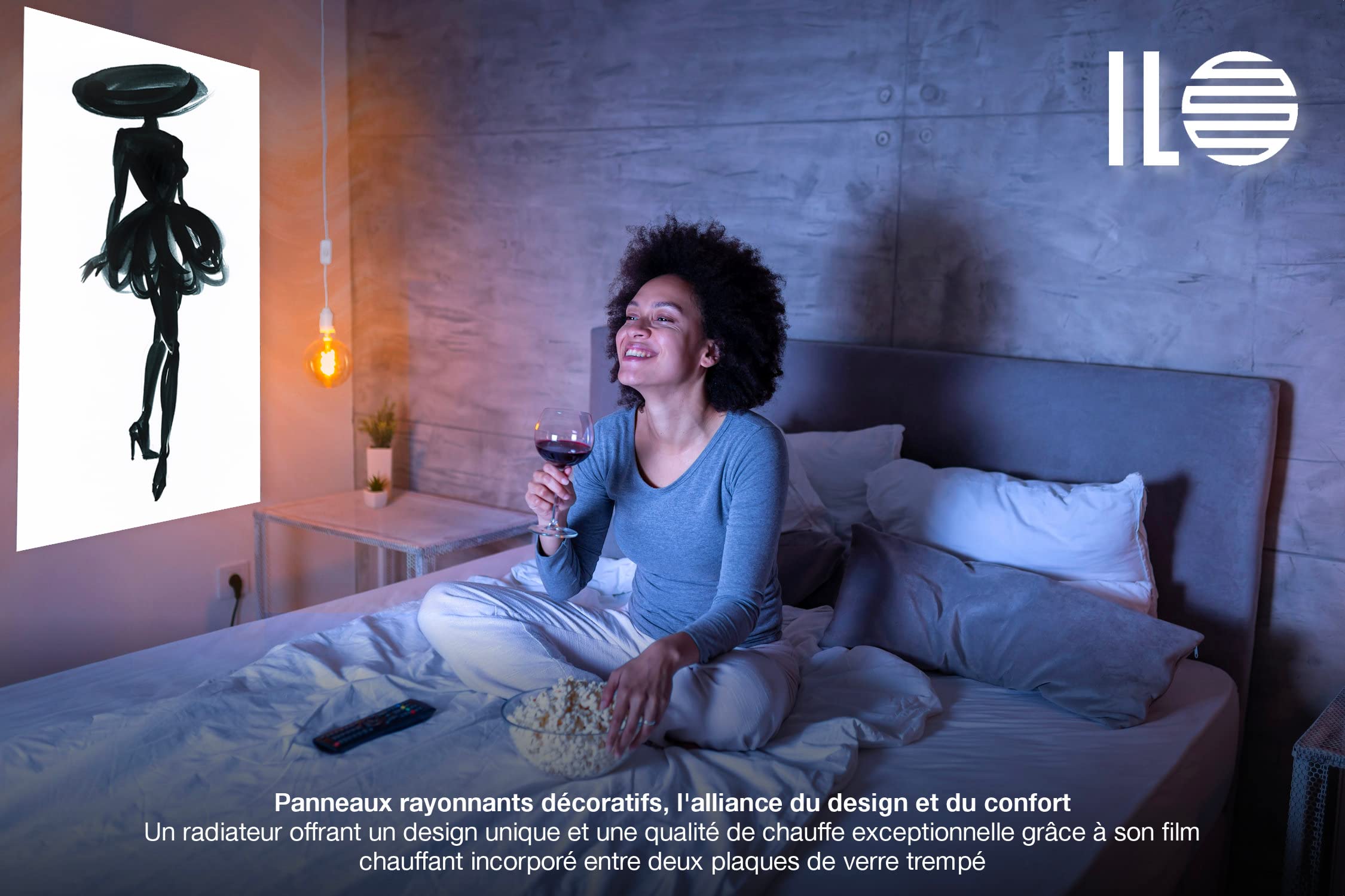 ILO - Radiateur Électrique Mural - Rayonnant - Design - +38 Décors - Extra Plat - Wi-Fi Connecté - 500W - Pour pièce de 10m² - Orientation Vert.+Horiz. - Éco, Silencieux -  Mademoiselle