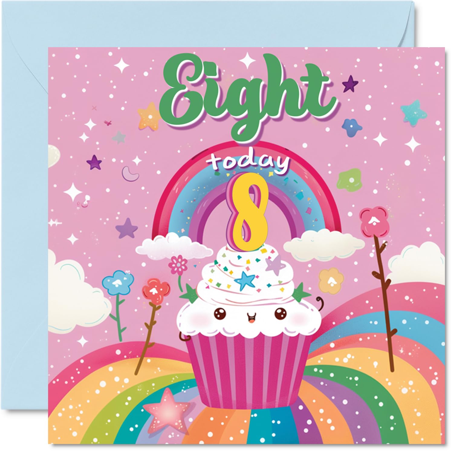 8th Birthday Card Girl - Cupcake Rainbow - Happy Birthday Card for 8 Year Old Girl, Age 8 Girls Cards, 145mm Bday Greeting