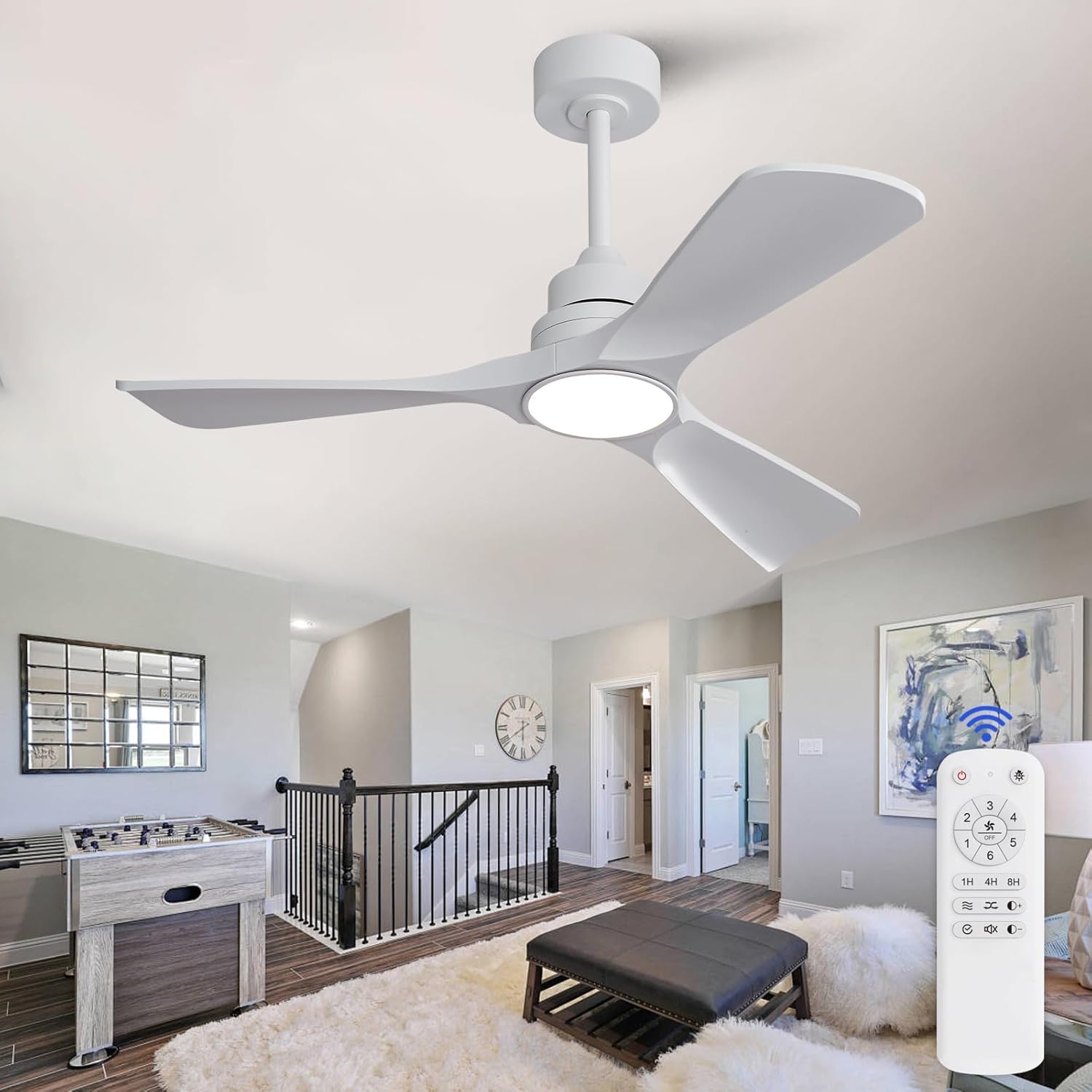 42 Inch White Ceiling Fans with Lights and Remote, 3 ABS Blades, Dimmable, 6 Speeds Quiet DC Motor, Modern Indoor Outdoor Ceiling Fans for Patios Bedroom Living Room Farmhouse