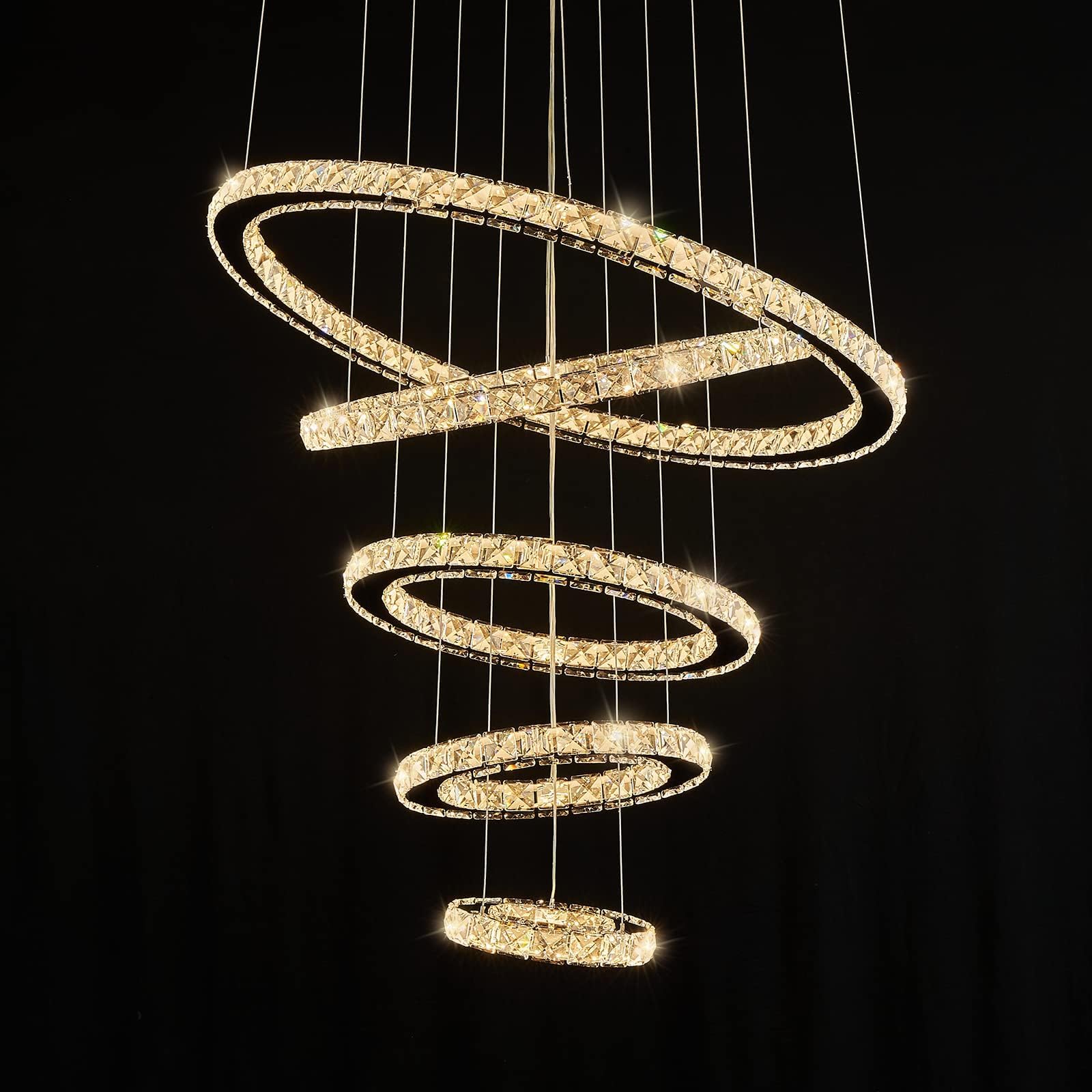 Modern Crystal Chandeliers for High Ceilings, 5 Rings Modern Led Chandelier Light Fixture 3 Colors Adjustable, Gold Chandelier for Foyer Dining Room Bedroom Living Room Staircase, D8"-12"-16"-20"-24"