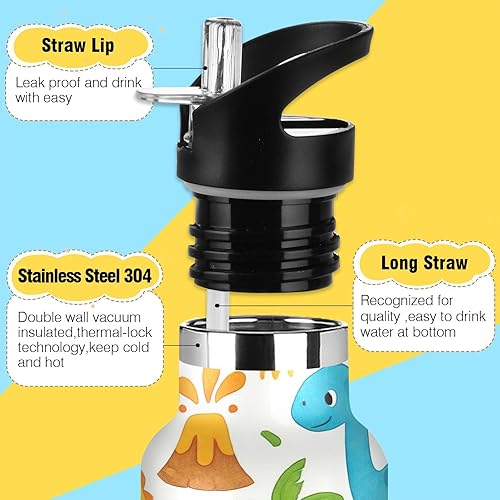Miniatura 3 de Personalized Custom Name Kids Water Bottle with Straw for School Leakproof Insulated Water Bottle 20oz, BPA-Free, Cute Cartoon Dinosaurs White