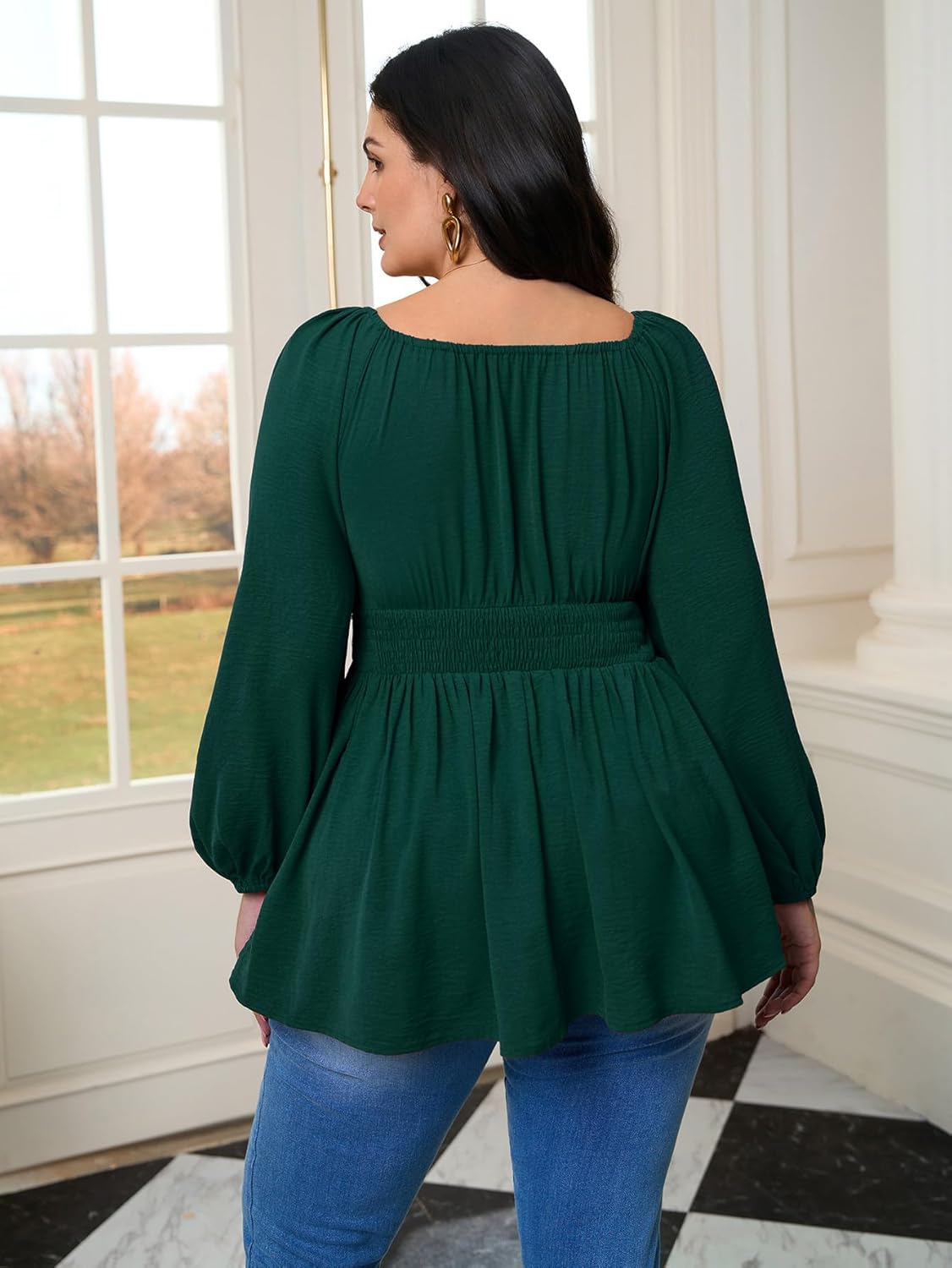 Women’s Plus Size Peplum Top Long Sleeve Square Neck Smocked Waist Babydoll Blouse Flowy Dressy Casual Fall Tops - Image 4