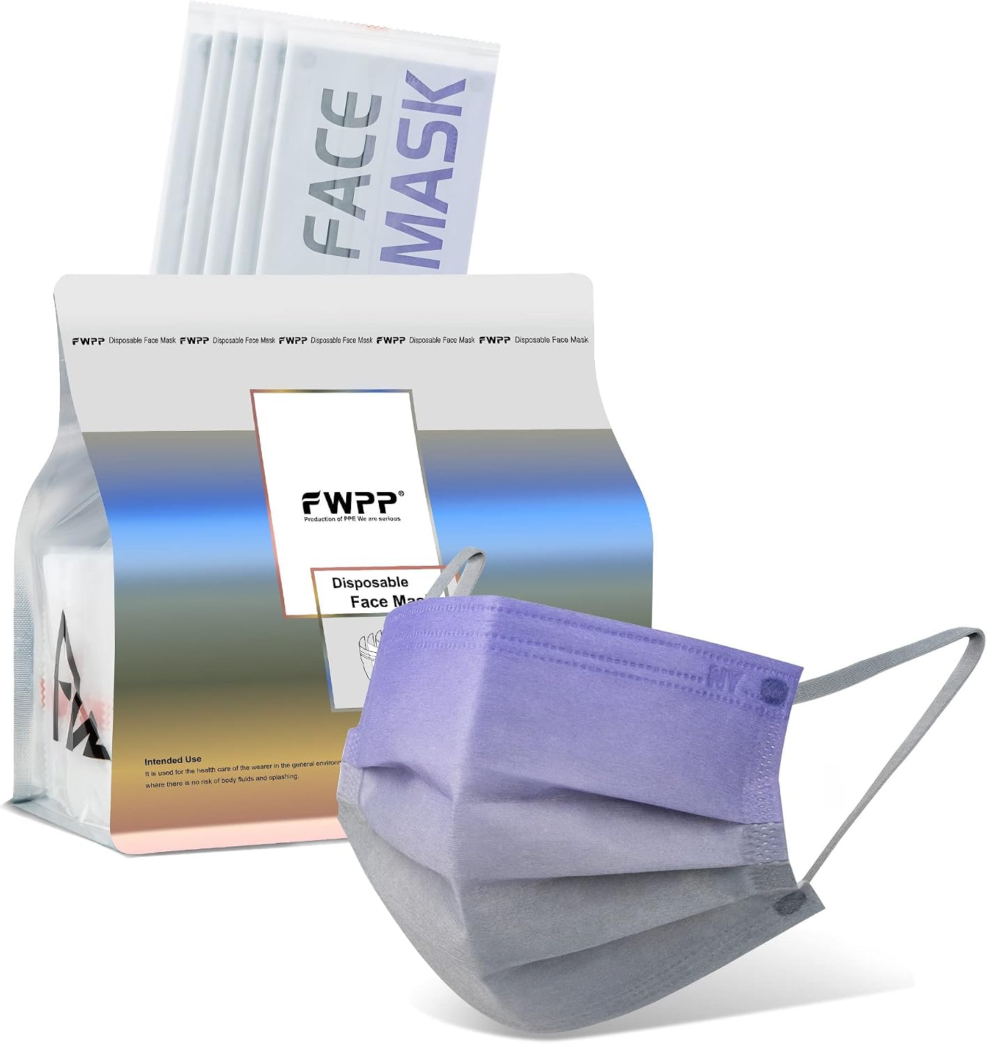 FWPP Disposable Face Masks Wide Flat Earloop Individually wrapped 3 layer Spunlace Non-woven Fabric Purple Grey Gradient 50pcs