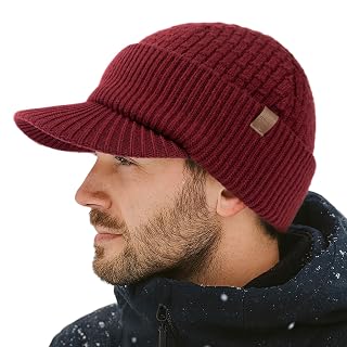 TOP-EX PolarWool™ 100% Merino Wool Winter Hat for Men Fleece Lined Visor Beanie with Brim Outdoor Knit Cap for Cold Weather - Amazon product rated Grade A