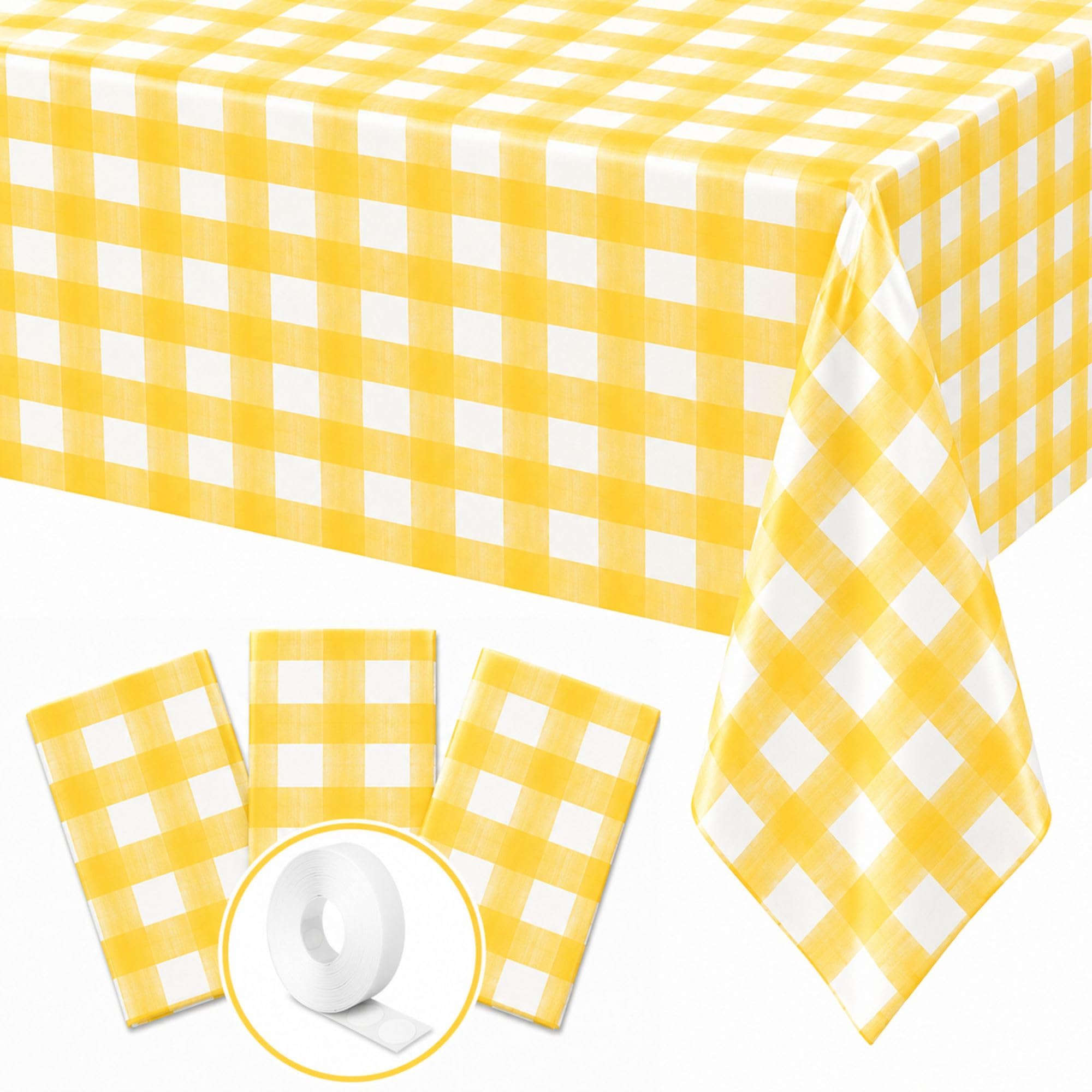 Blue Orchards Yellow Gingham Table Cover (Pack of 3 with 20 Glue dots) - 54"x108" XL - Yellow and White Checkered Picnic Tablecloth, Baby Shower Decoration, Camping, Outdoor Birthday Party Supplies