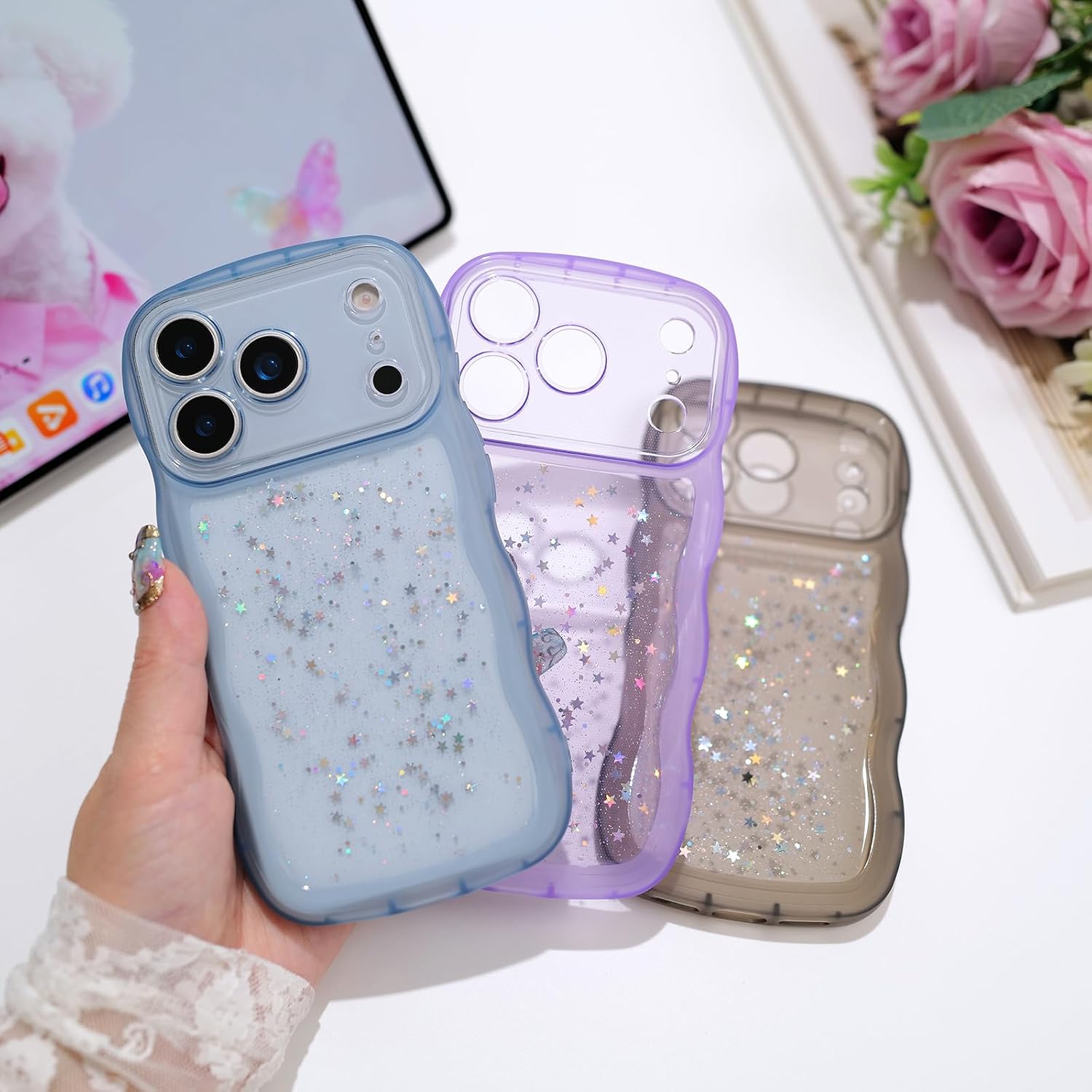 Compatible with iPhone 17,Cute Kawaii Bling Sparkle Glitter Frame Shape Soft Silicone Shockproof Protective Phone Cover for Women Girls Blue image 4