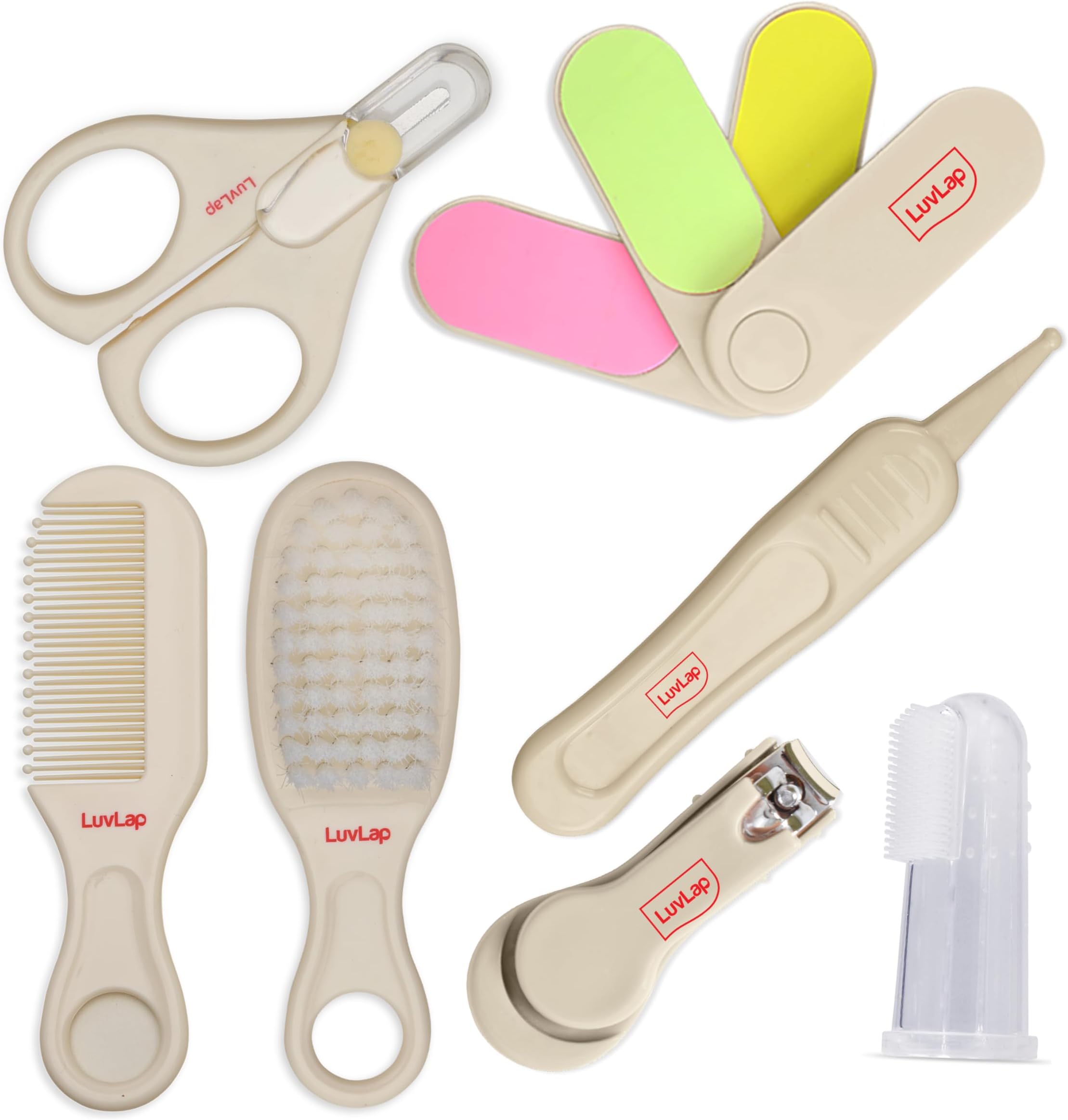 LuvLap 7In1 Baby Grooming Kit, Portable Baby Grooming Kit for New Born Baby, Finger Brush, Hair Brush, Comb, Baby Nail Scissor, Baby Nail Cutter,Tweezer,Nail Filer,Newborn,Infants,Toddlers, White, 0m+
