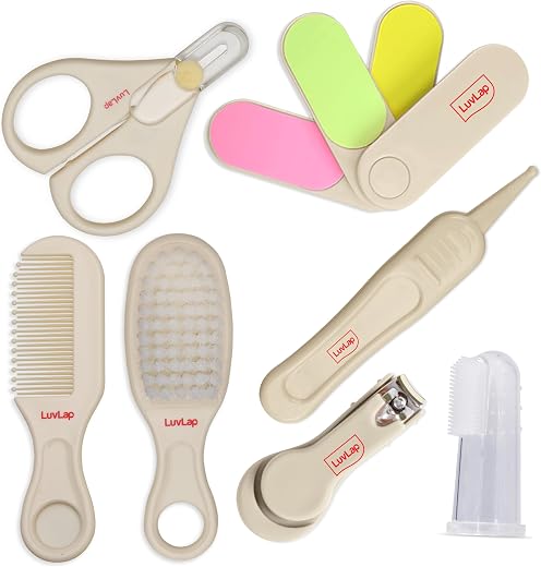 LuvLap 7In1 Baby Grooming Kit, Portable Baby Grooming Kit for New Born Baby, Finger Brush, Hair Brush, Comb, Baby Nail Scissor, Baby Nail Cutter,Tweezer,Nail Filer,Newborn,Infants,Toddlers, White, 0m+