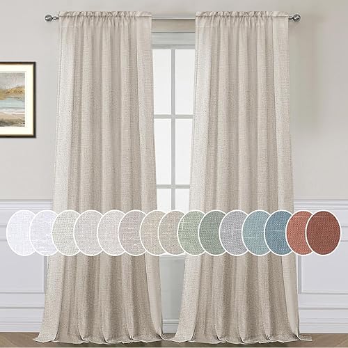 Elegant Natural Linen Blended Energy Efficient Light Filtering Curtains / Rod Pocket Window Treatments Panels / Drapes for Livingroom (Set of 2, Angora, 52 inch W X 96 inch L)