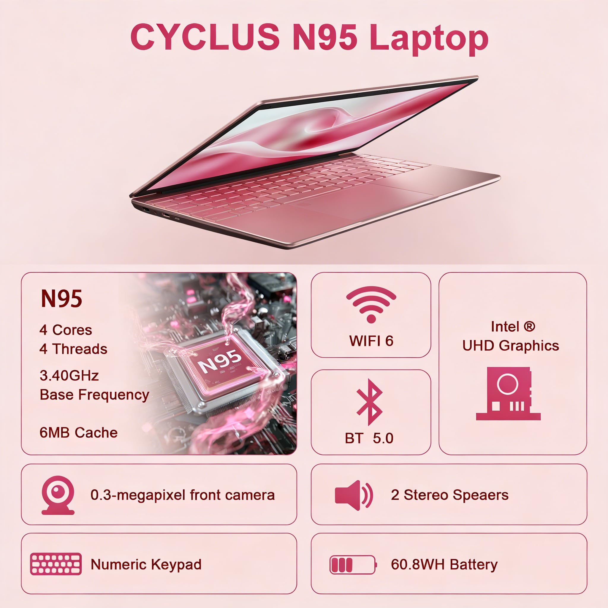 CYCLUS 15.6 Pouces IPS Ordinateur Portable Laptop N95 Processor (4C/4T, Boost 3,4 GHz), XE-LP Graphics, 16GB RAM 512 GB de SSD, Webcam, Comprend Un Cache Clavier AZERTY