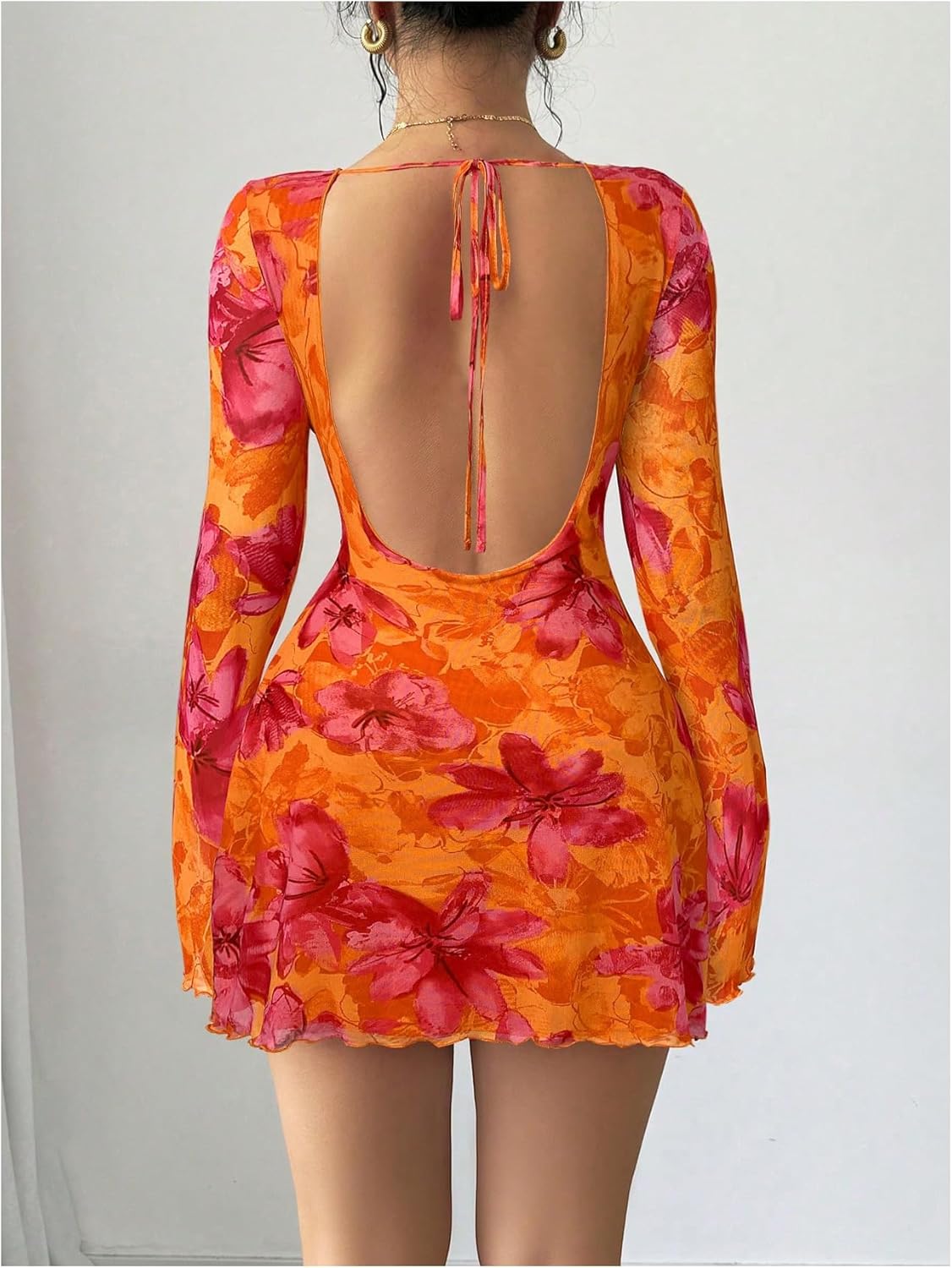 OYOANGLE Women's Floral Print Bell Long Sleeve Short Dress Tie Backless Lettuce Trim Boho Hawaiian Dresses