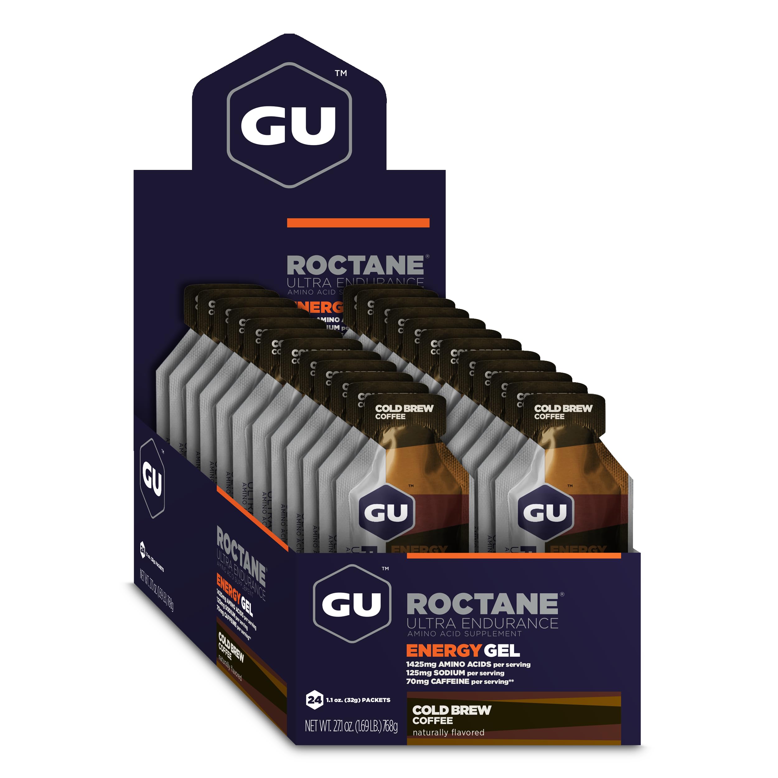GU Roctane Energy Gels, Cold Brew Coffee 24 Pack - 100 Calorie Energy Gel with Carbohydrates, Caffeine, BCAAs and Electrolytes - Pre-Workout Fuel for Running, Cycling, Triathlon and Endurance Sports