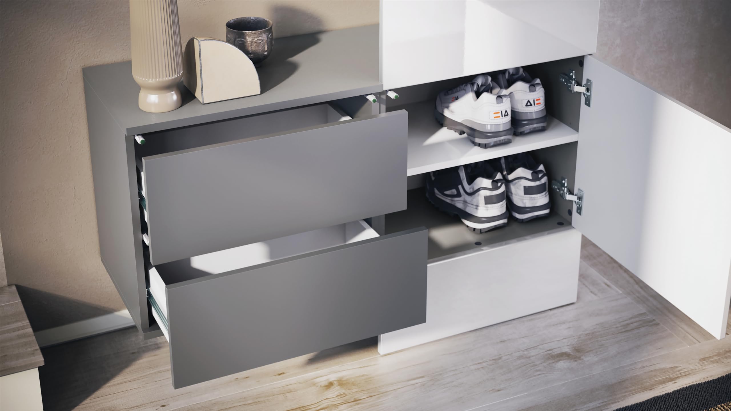 Vladon Garderobe Carlton Set 2, Made in Germany, Wandgarderobe aus Deko-Paneel & hängender Schubladen-Kommode, Anthrazit matt/Bronze Optik (105 x 193 x 35 cm)