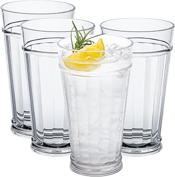 bzyoo 21oz Liberty Highball Tumbler Set 4 Piece, BPA Free, Shatter-Proof Food Grade Plastic, Crystal Clear Durable Drinking Glasses for Cold Drinks