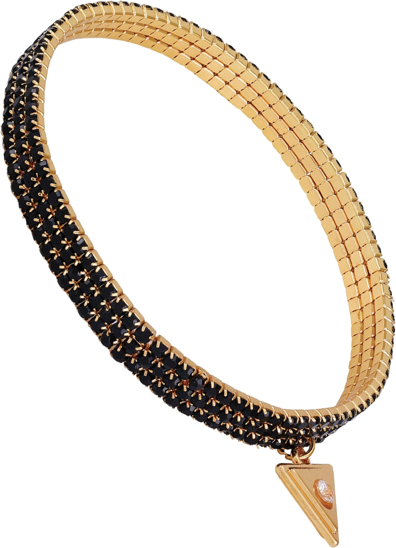 Goldtone Three Row Black Glass Stone Stretch Bracelet