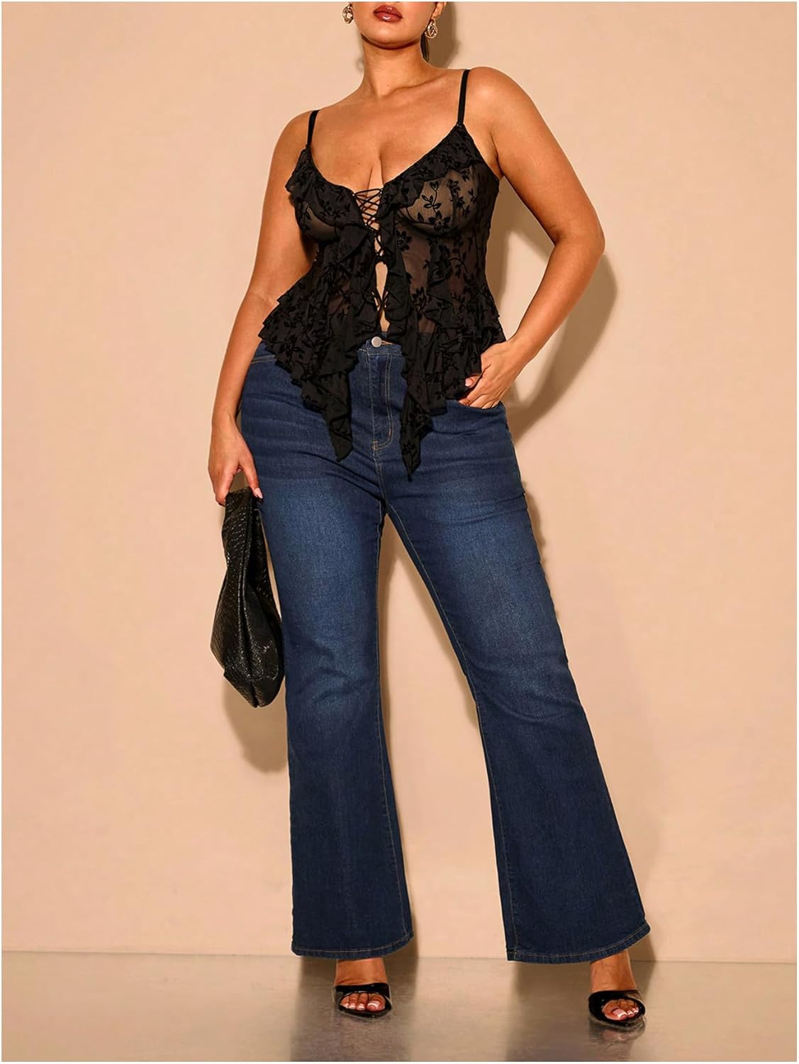 SHENHE Women's Plus Size Sexy Open Front Lace Up Sheer Mesh Ruffle Trim Y2k Top Camisole Tank - Image 3