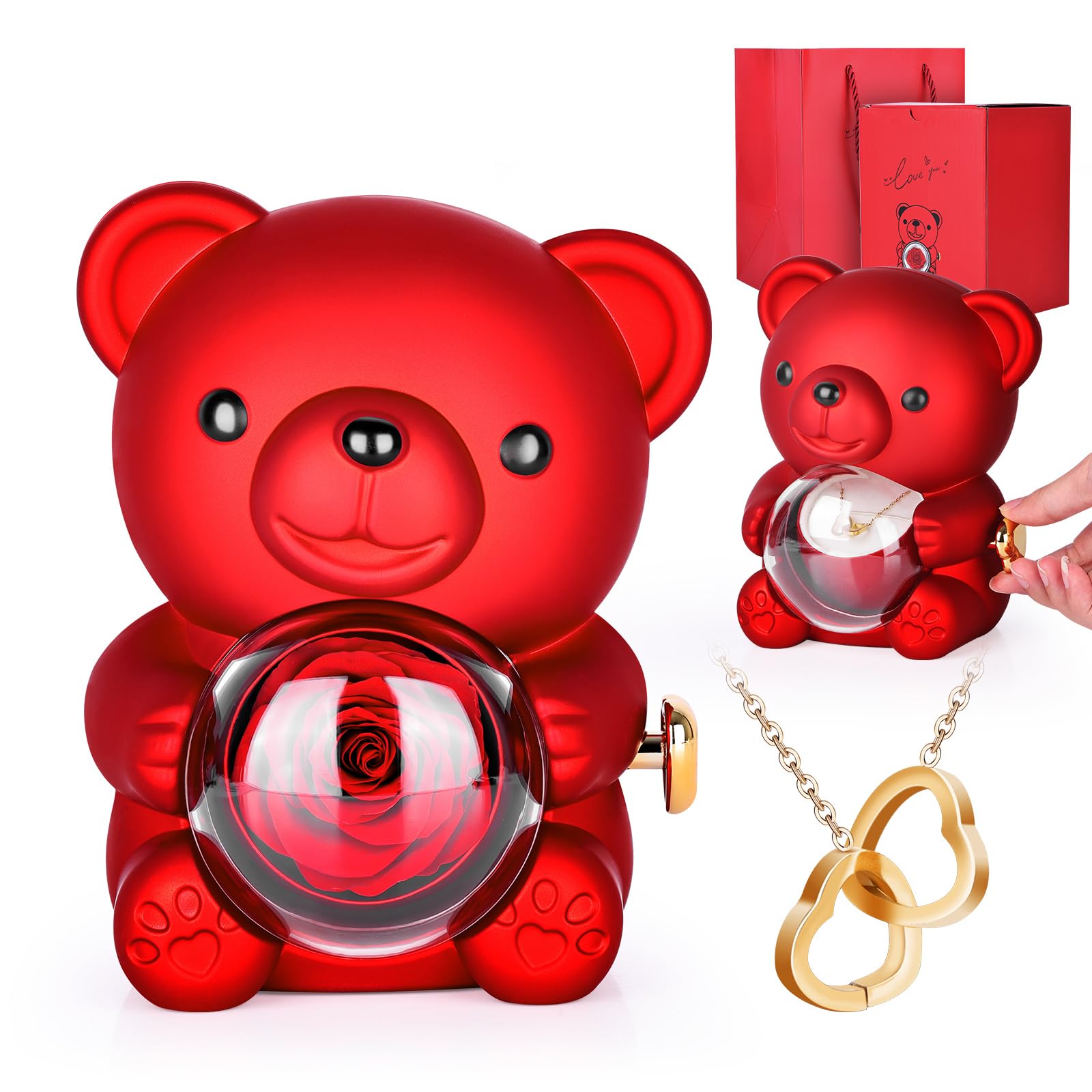 Anveltech Women's Red Preserved Rose Teddy Bear, Real Rose In Elegant Gift Box, Romantic Gift For Her, Perfect For Mother's Day, Anniversary, Wedding, Or Bridal Shower
