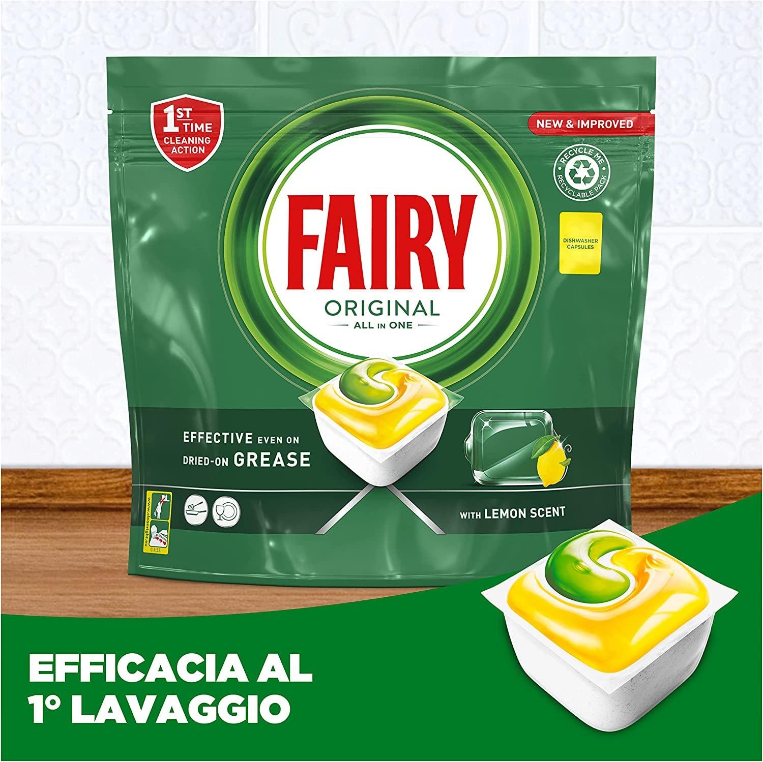 Fairy Detersivo Pastiglie Lavastoviglie, Brillantante, 155 Capsule Lavastoviglie, Original Limone, Azione Pulente Al Primo Lavaggio, Efficace Sul Grasso Incrostato Con Azione Brillante