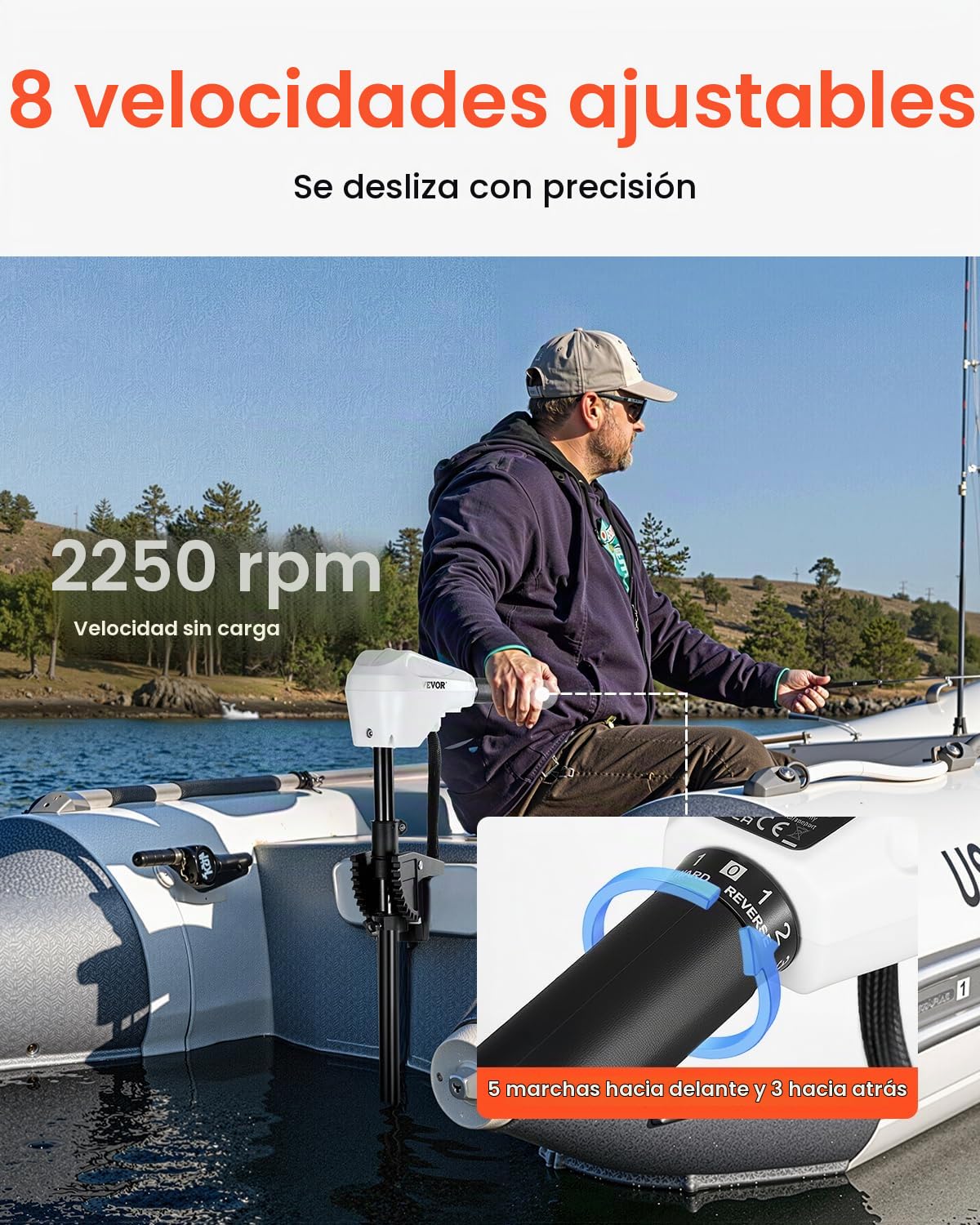 VEVOR Motor Eléctrico de Arrastre 39 kg de Empuje Motor Fuerabordas para Barco Montado en Espejo de Popa 24 V Eje de 91,5 cm 8 Velocidades con Indicador de Batería para Kayaks en Agua Dulce Salada