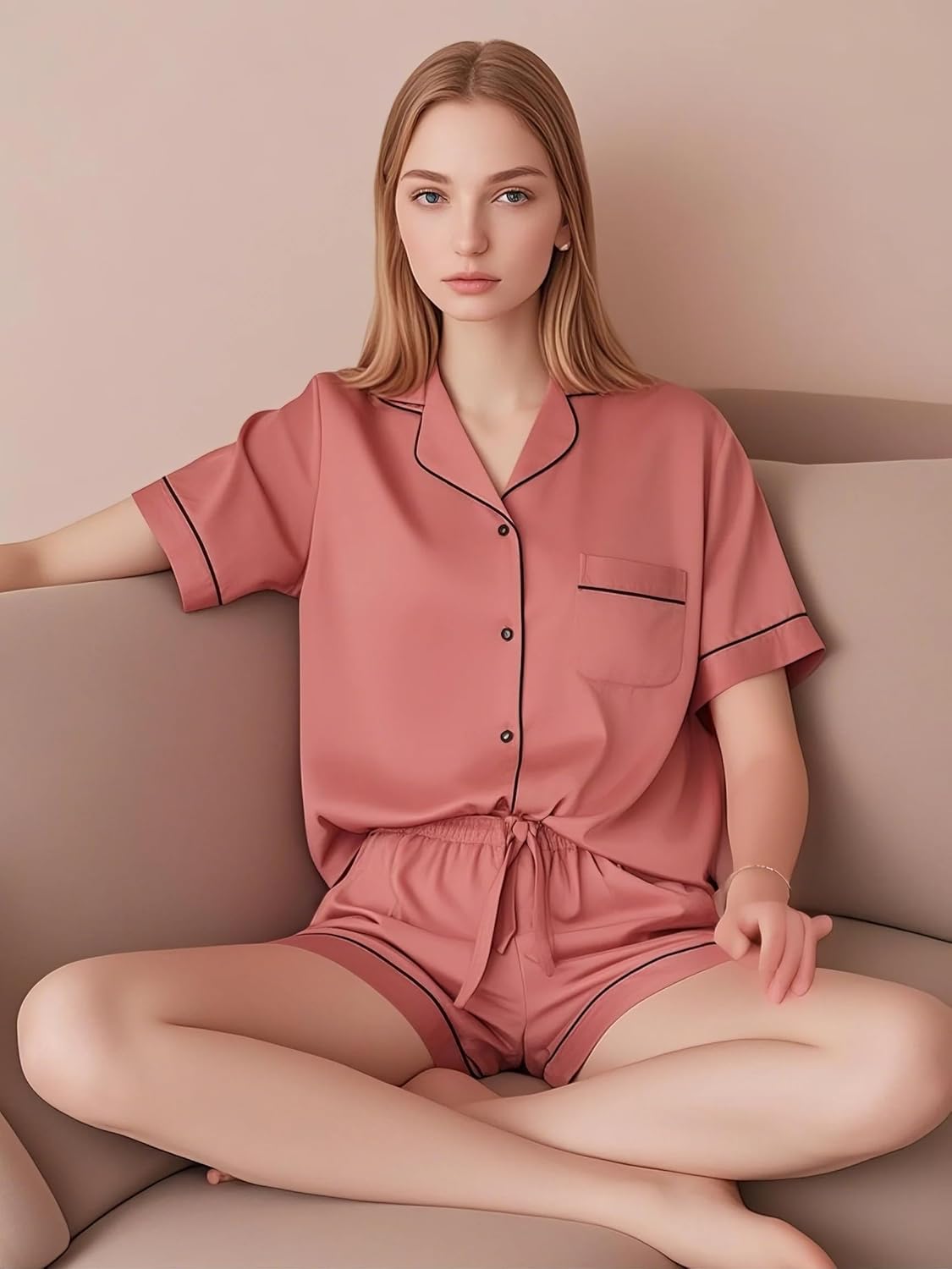 TEERAPHIQUE 4PCS Women Pajamas Summer Silk Pajama for Bride Short Sleeve Shorts PJS Matching Pajamas(Eye Mask) - Image 5