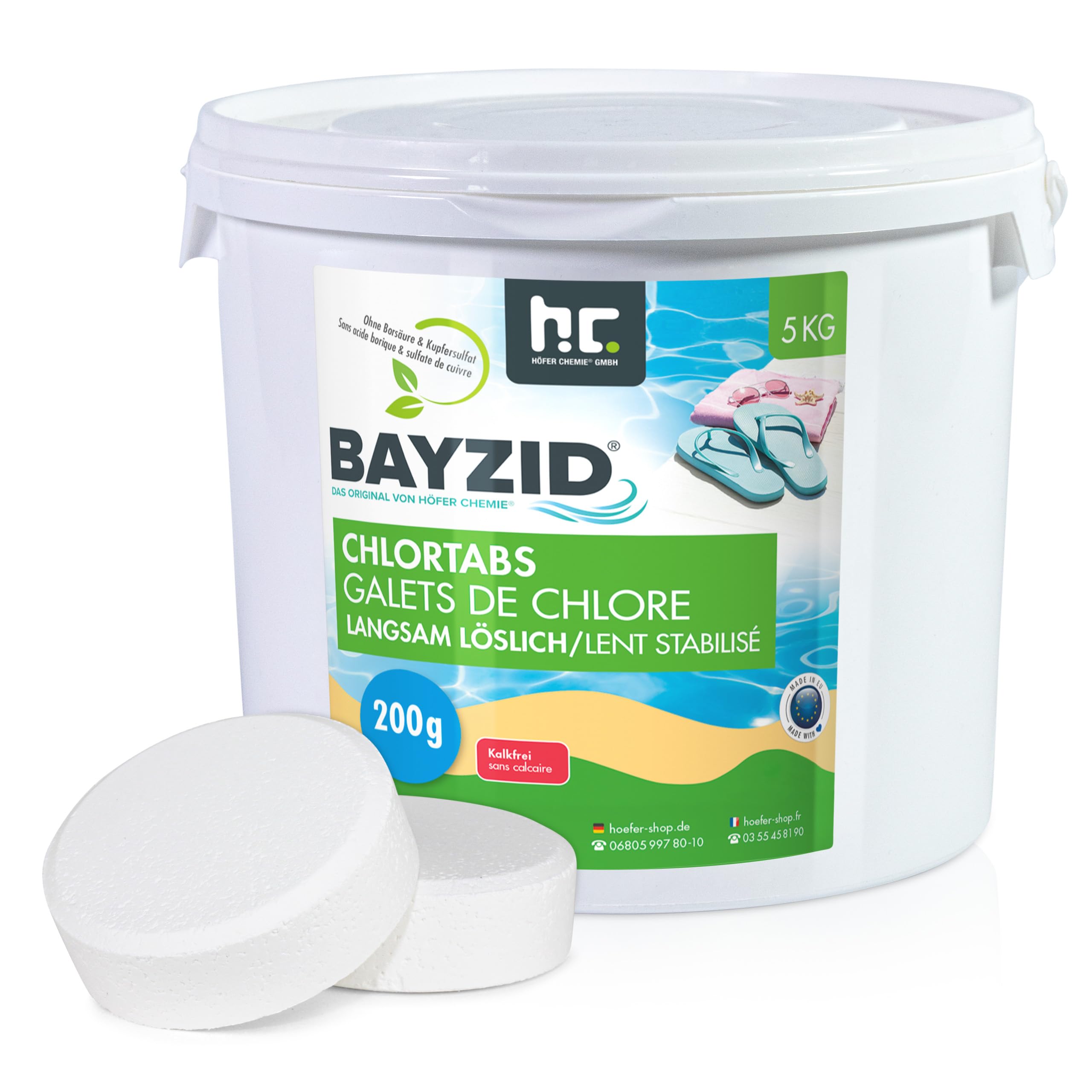 Höfer Chemie Pool Chlor Tabletten langsam löslich 200g 5 kg Bayzid - zur dauerhaften Chlorung von Pool und Schwimmbad - Hochwirksam gegen Bakterien und Pilze