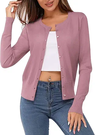 Newshows Women's Solid Button Down Long Sleeve Classic Crew Neck Knit Cardigan Sweater