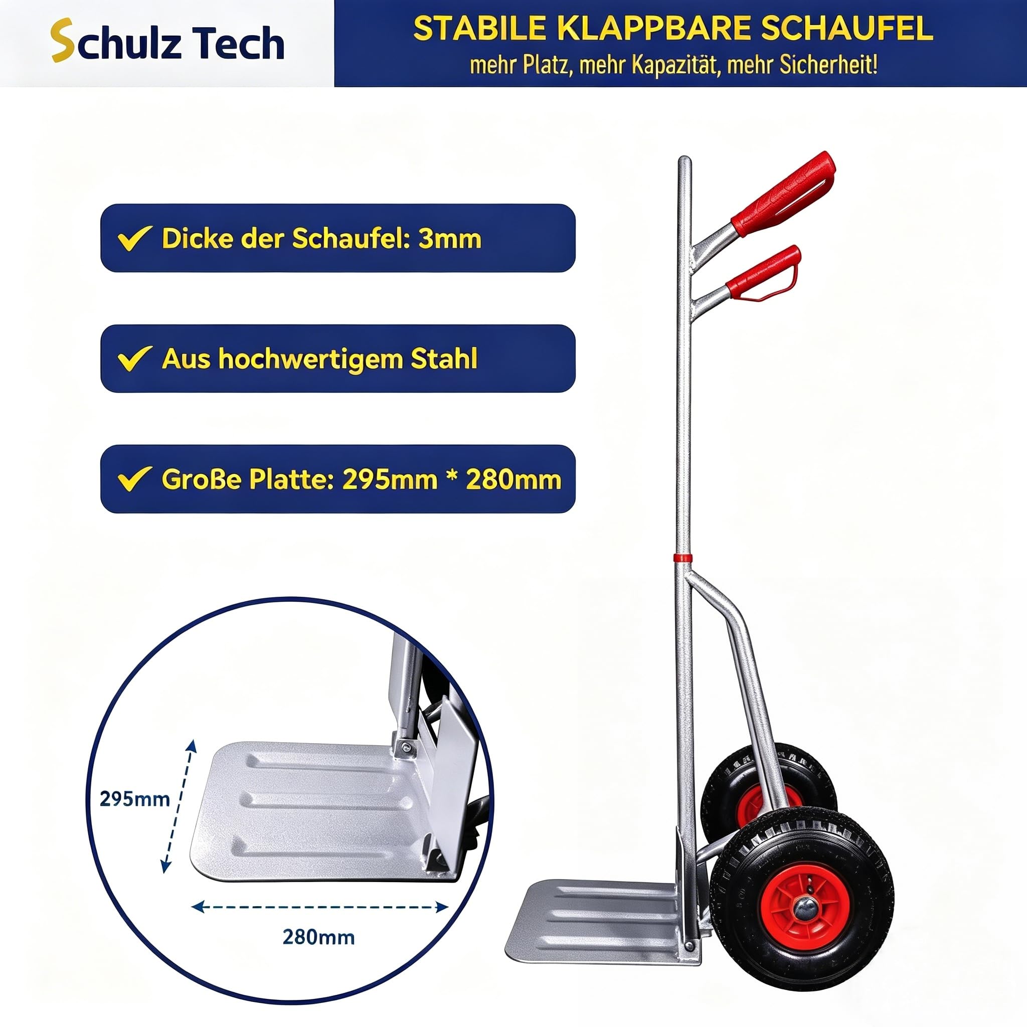 Sackkarre klappbar 200kg Traglast - Hochwertiger Stahl ergonomischer Transportwagen für Lager,Umzüge und Getränkekisten - XL Schaufel,Sicherheitsgriffe,luftbefüllte Reifen - Silver