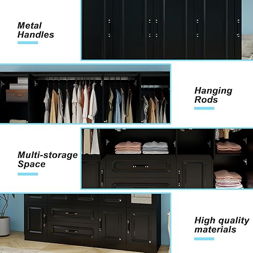 Vista 6 de Armario moderno de 5 puertas con espejo, negro, 92.9 pulgadas de ancho x 20.47 pulgadas de profundidad x 70.86 pulgadas de alto, dormitorio
