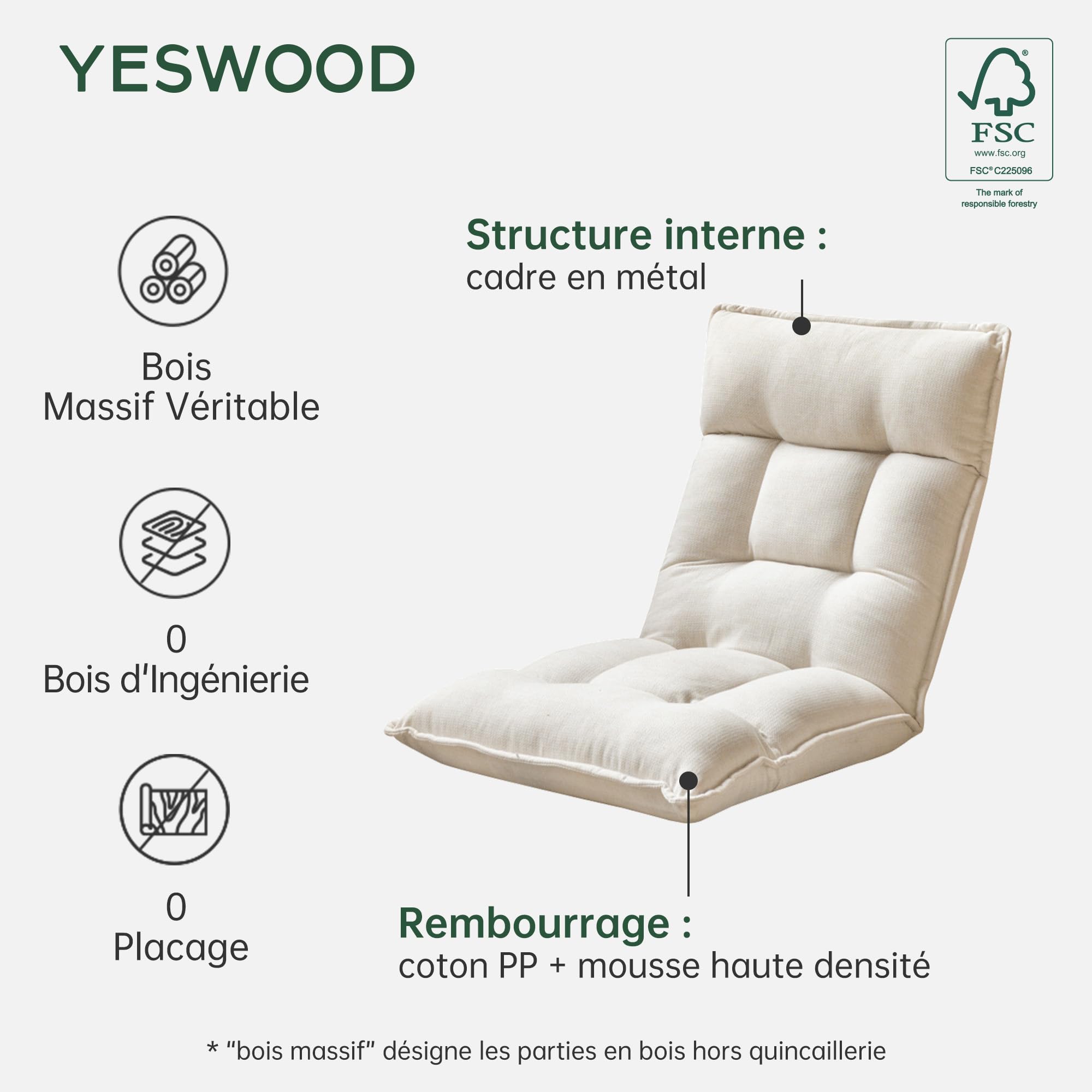 YESWOOD Fauteuil de Sol Réglable 42 Positions, Dossier 90°-180° avec Appui-Tête, Chaise de Sol Paresseux Pliable, Fauteuil Relax Confortable pour Salon, Chambre, Blanc