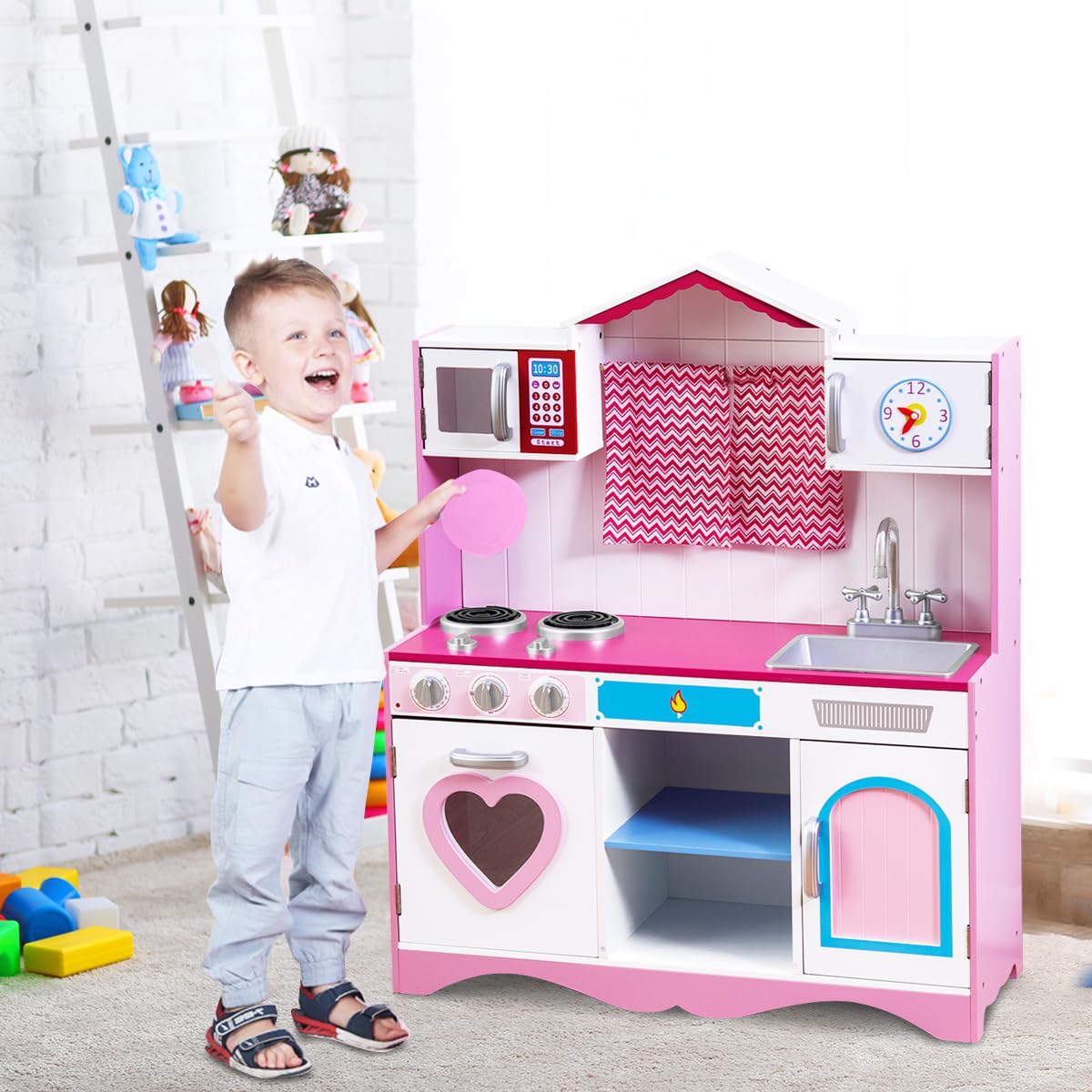 HOMASIS Cucina Legno per Bambini Rosa, Con Lavandino, Forno e Microonde, Giocattolo Educativo da 3+ Anni, Cuore Rosa