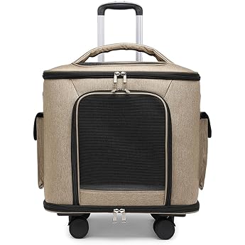 Pet Travel Carrier Cat Carrier Backpack with Storage Cat Wacksack with Removable Rolling Wheels Multifunctional Backpack Trolley for Dogs Breathable Puppies Travel Bag Brown