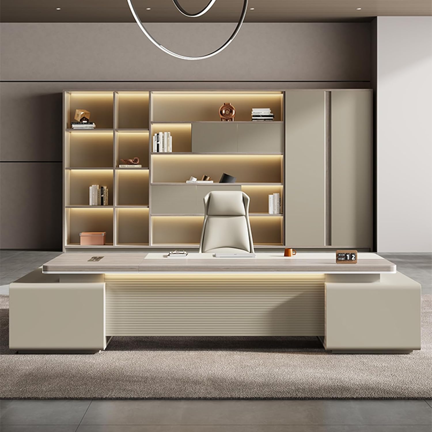 Wood L-Shaped Computer Desk, Executive Office Desk with Lateral Cabinet, Gaming Study Table Home Business Workstation Set for CEO Boss