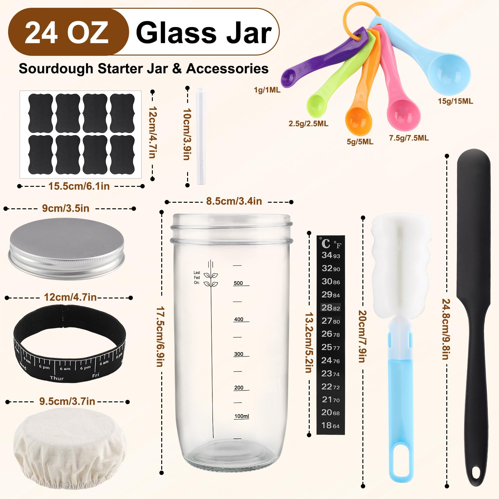 Kit Masa Madre 730ml Tarro de Cristal con Tapa Paño Termoadhesivo Espátula