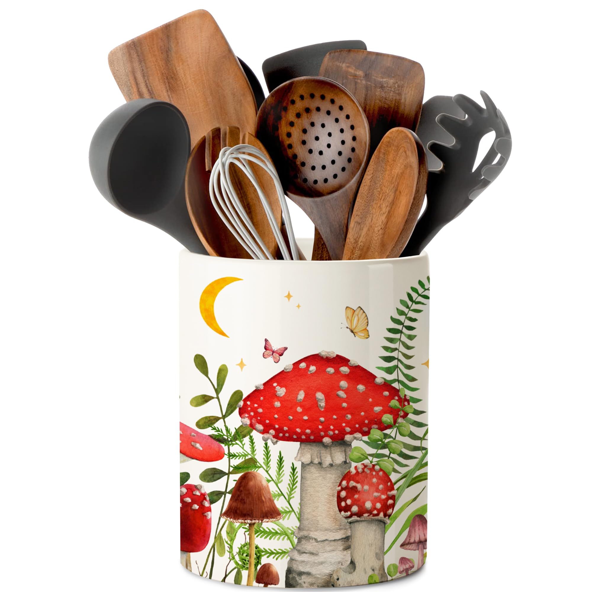 pinata Mushroom Kitchen Decor Ceramic Utensil Holder, Cute Mushroom Utensils Holder for Farmhouse Indoor Kitchen Decorations Rustic Farmhouse Decor (6.3 inch)