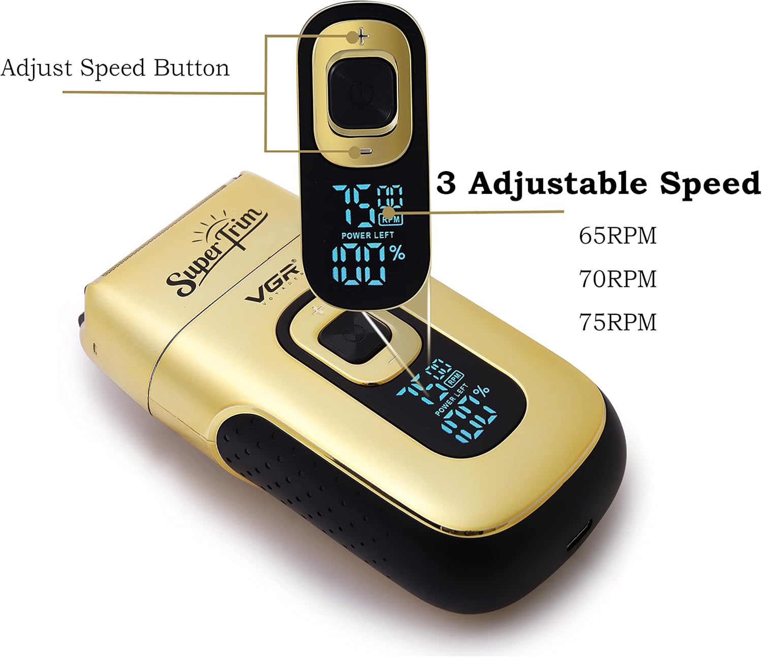 VGR Shaver LED display showing speed and battery percentage